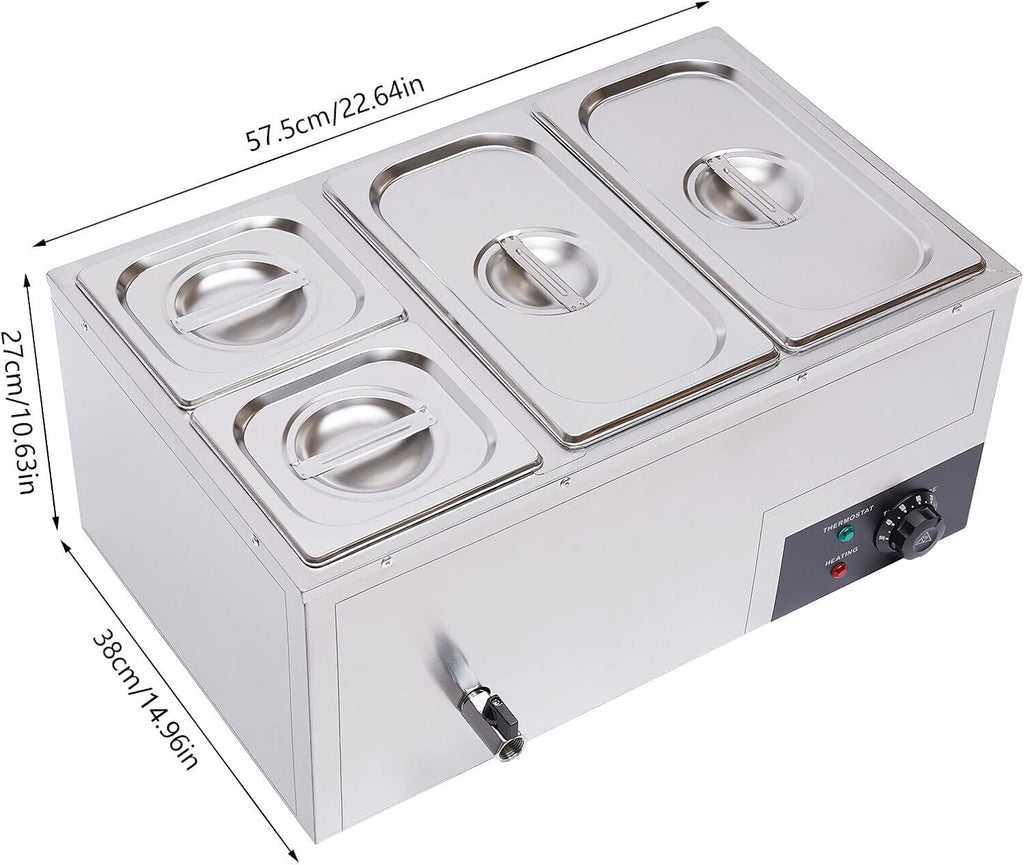 Bain Marie Buffet 4-Pan 850W Electric Steam Table Food Warmer with Lids - Stainless Steel Commercial 21.2Qt(20L) Capacity for Restaurants, Catering, Buffets