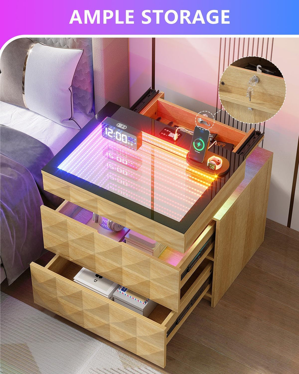 Wood Night Stand with Charger Station & RGB Lights, LED Bedside Table with Tempered Glass, Sliding Top, 3 Drawers and Hidden Storage, End Side Table for Bedroom Livingroom