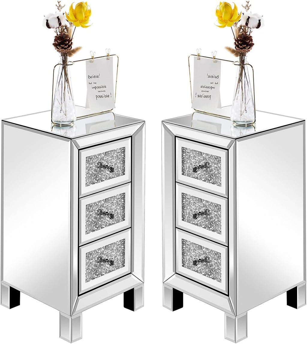 VINGLI 3-Drawer Mirrored Nightstand Bedside Table Modern Night Stands Set of 2 Glass Accent End Table, Fully Assembled, Silver