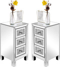 VINGLI 3-Drawer Mirrored Nightstand Bedside Table Modern Night Stands Set of 2 Glass Accent End Table, Fully Assembled, Silver