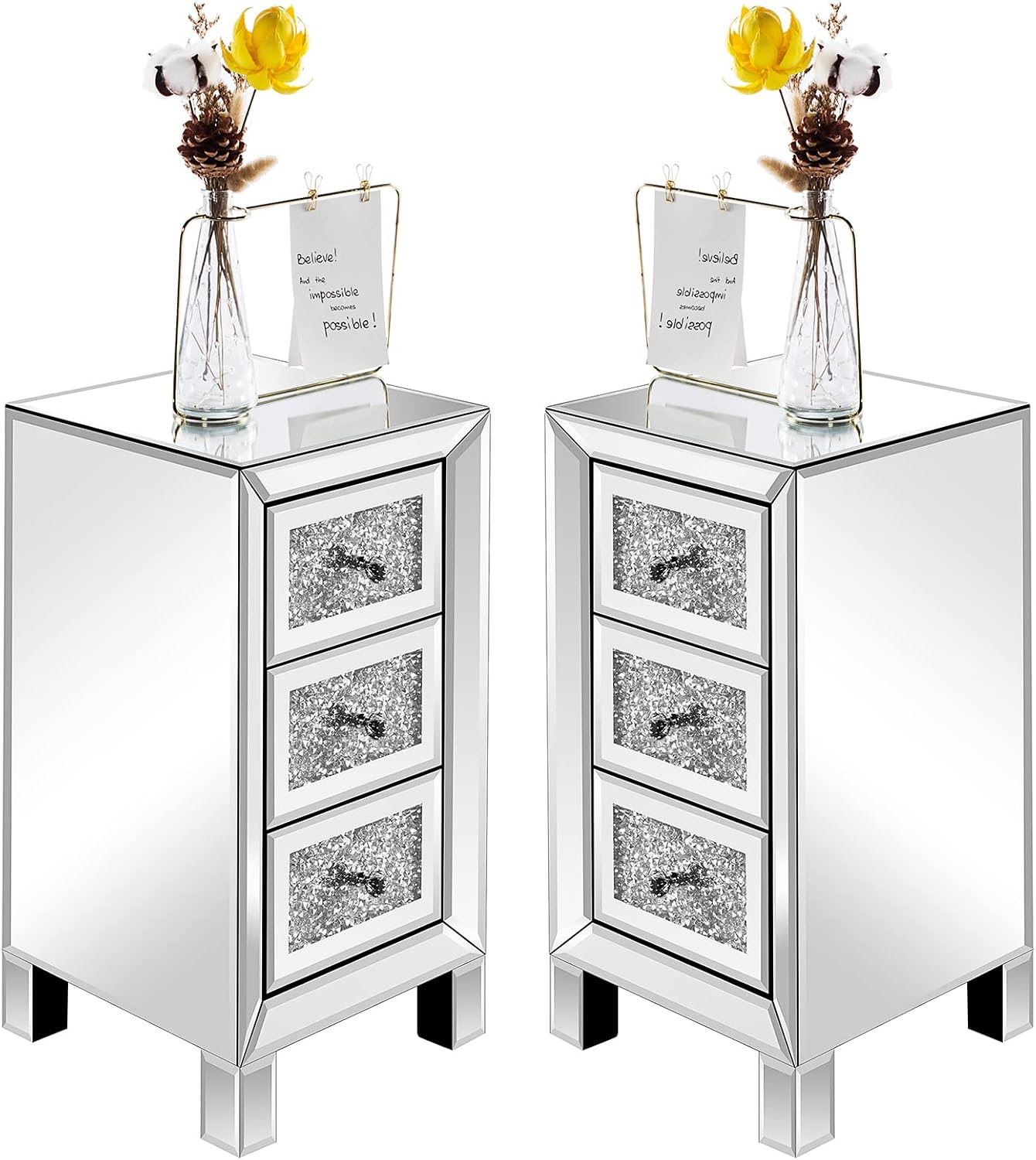 VINGLI 3-Drawer Mirrored Nightstand Bedside Table Modern Night Stands Set of 2 Glass Accent End Table, Fully Assembled, Silver