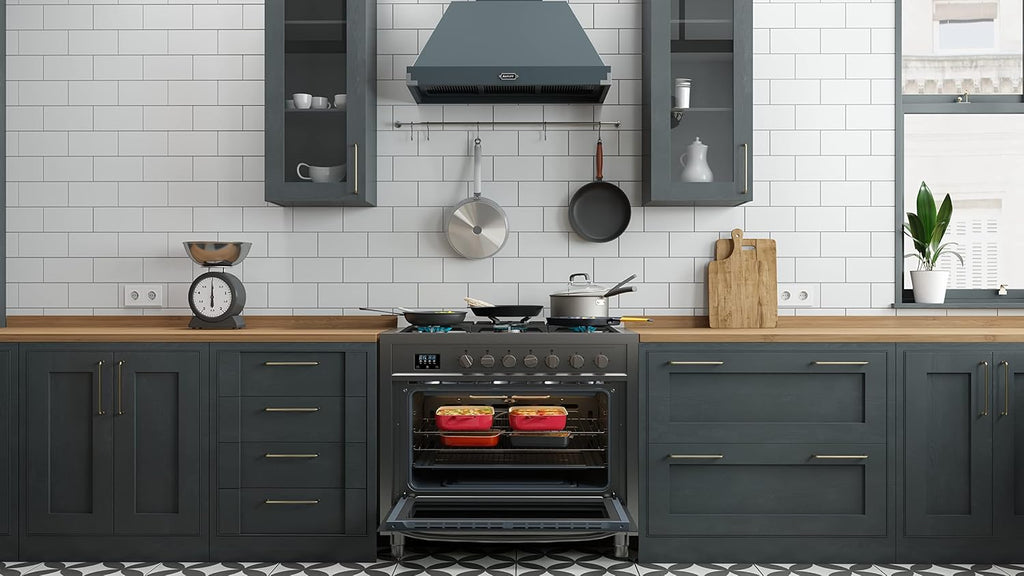 KoolMore 36' Inch Professional Gas Range Stove with 5 Burner Cooktop, Rapid Convection Oven, and Digital Timer with Heavy-Duty Cast Iron Grates, Stainless-Steel Appliance (KM-FR36GL-SS), Silver