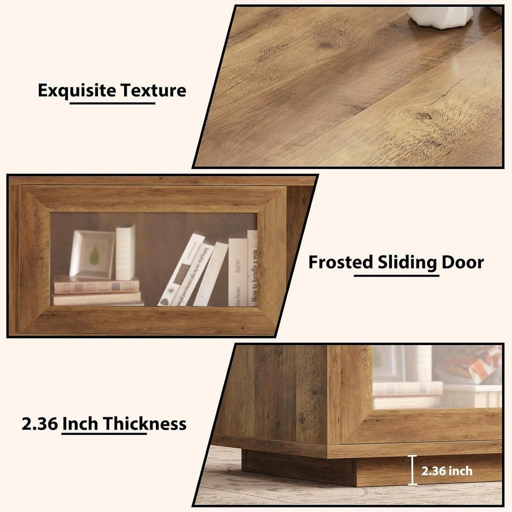 HSH Rustic Coffee Table for Living Room, 47 Inch Modern Wood Rectangle Coffee Tables with Sliding Door and Storage Open Shelf, Large Low Center Table for Home Decor, Rustic Oak