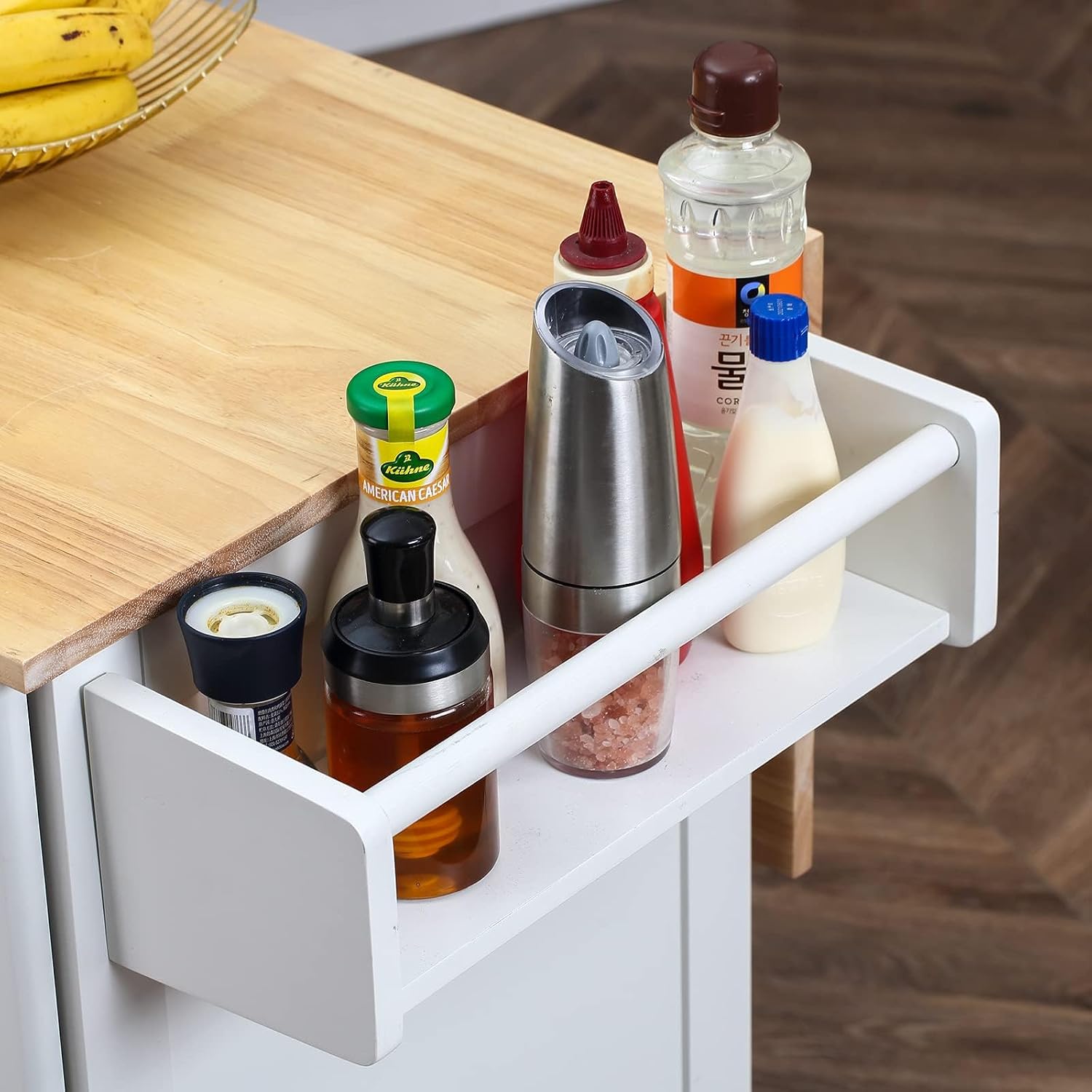 HOMREST 52' Mobil Kitchen Island Cart with Storage, Rolling Island with Drop Leaf and Rubberwood Countertop, Spice Rack, Adjustable Shelves and 5 Drawers, Island Table for Kitchen, White