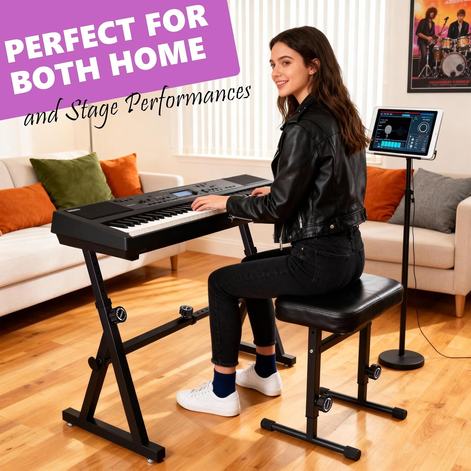 Digital Piano Keyboard Stand and Bench Set - Heavy Duty Adjustable Portable Music Stand and Bench Seat for 54-88 Key Electric Pianos