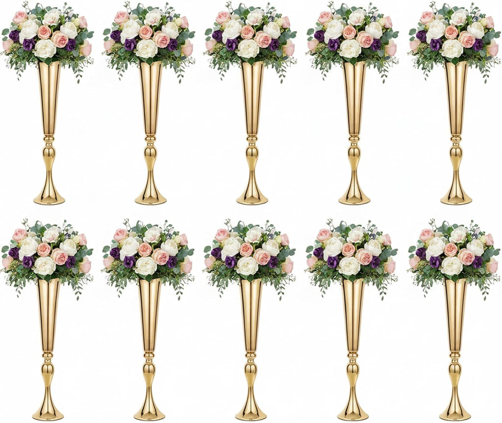 Metal Trumpet Vases for Centerpieces - Set of 10 Elegant Gold Vases for Table, 21.9' Tall Flower Stands for Table Centerpieces Anniversary Celebration Christmas Event Party Home Wedding Decorations