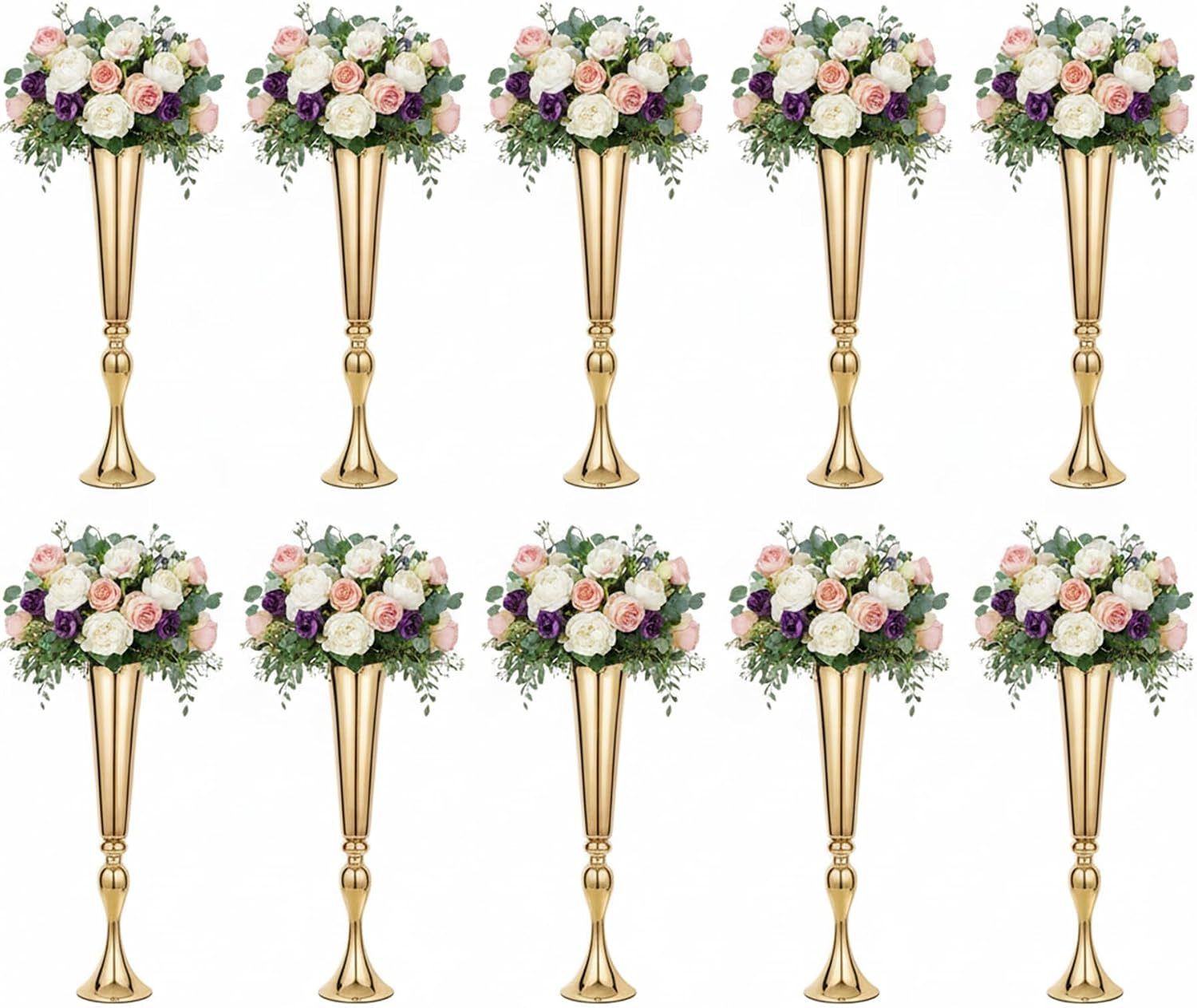 Metal Trumpet Vases for Centerpieces - Set of 10 Elegant Gold Vases for Table, 21.9' Tall Flower Stands for Table Centerpieces Anniversary Celebration Christmas Event Party Home Wedding Decorations