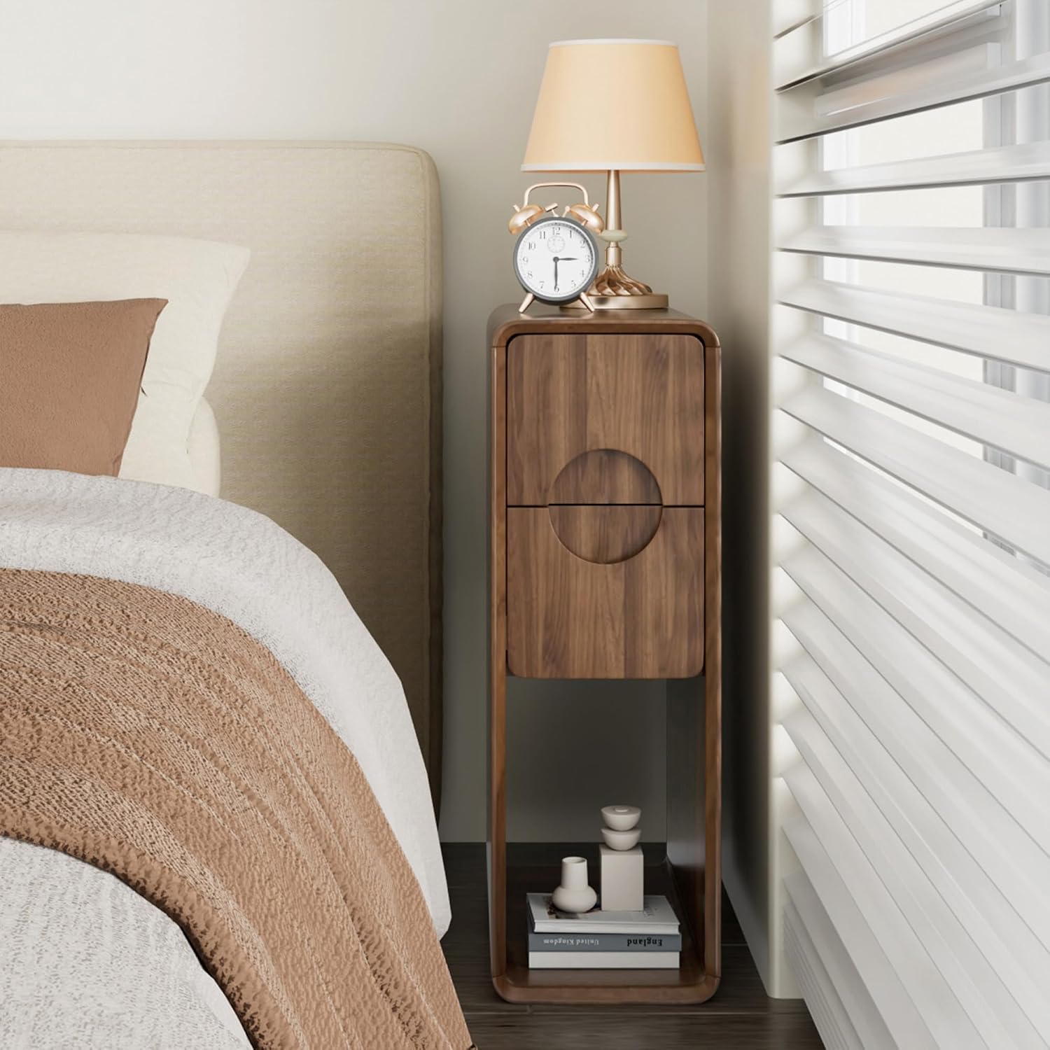 Narrow Walnut Nightstand Set of 2, Small Bedside Table with Circular Drawer, Skinny Side End Table, Wood Nightstand, Mid Century Modern Night Stand for Bedroom, Small Spaces, Slim, Vintage, Boho