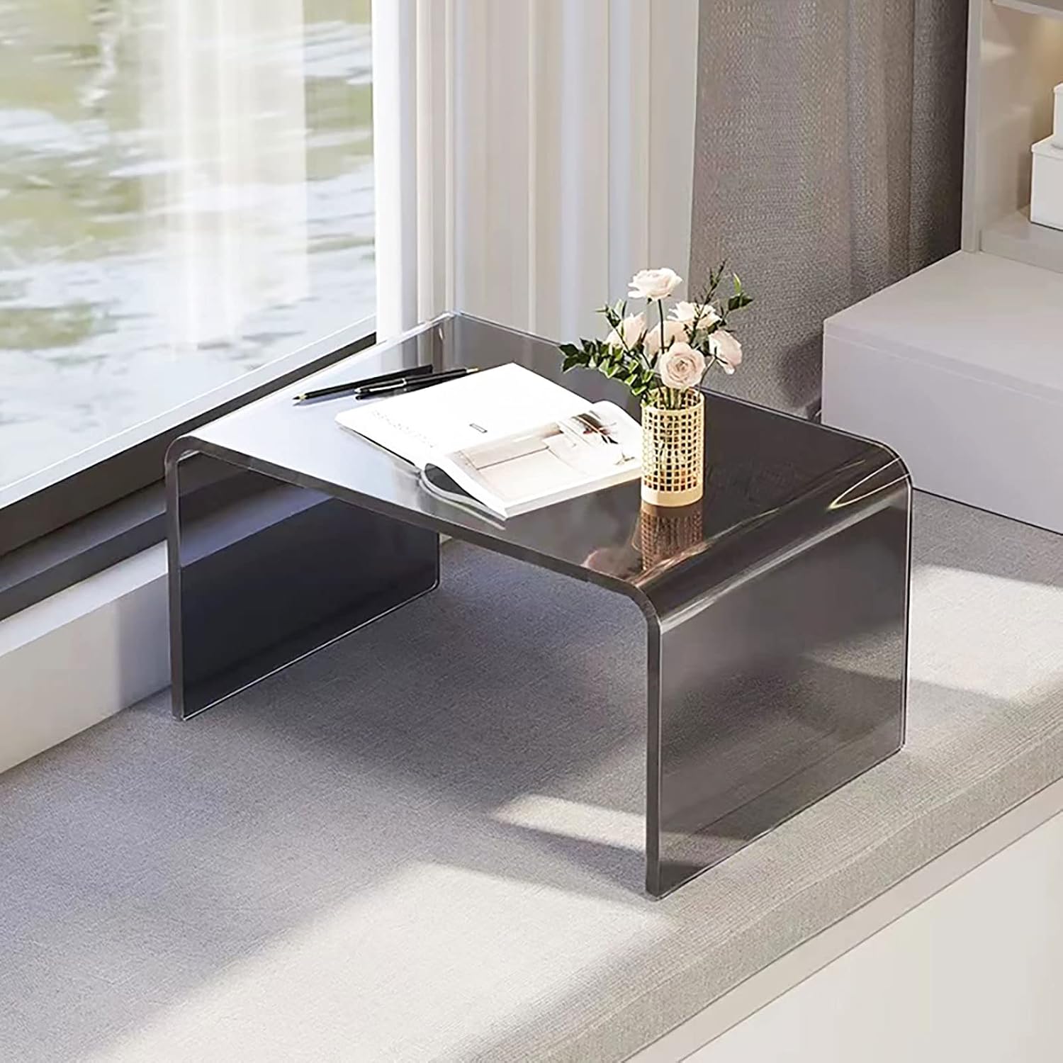Acrylic C Table for Couch, 25.6 in Multipurpose C Shape Side Table Clear Acrylic Couch Table, Modern End Table Snack Laptop Holder, Slim Accent Sofa Side Table for Living Room Bedroom Patio