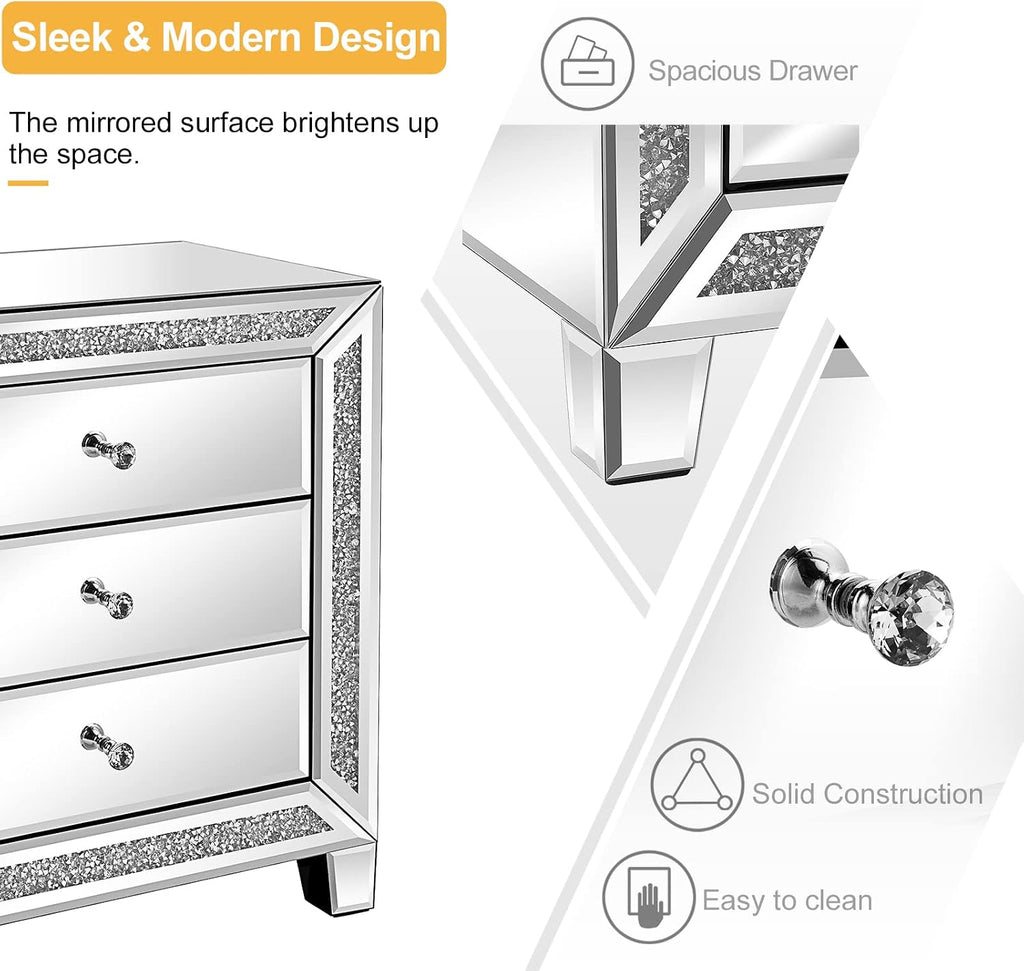 VINGLI Mirrored Nightstands Set of 2, 23' W Glass Mirror Night Stand Set of 2, Modern Bedside Table 3 Drawer Glass Side End Table Silver Dresser for Bedroom, 23'W x 13.8'D x 24.8'H