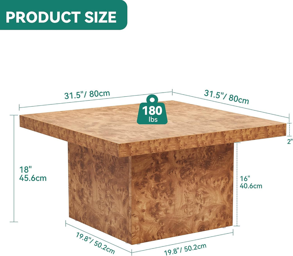 YITAHOME Coffee Table Square LED Coffee Table, Burl Wood Grain Tea Coffee Tables for Living Room/Apartment, Modern Wooden Center Table for Office Decor, Burl Wood