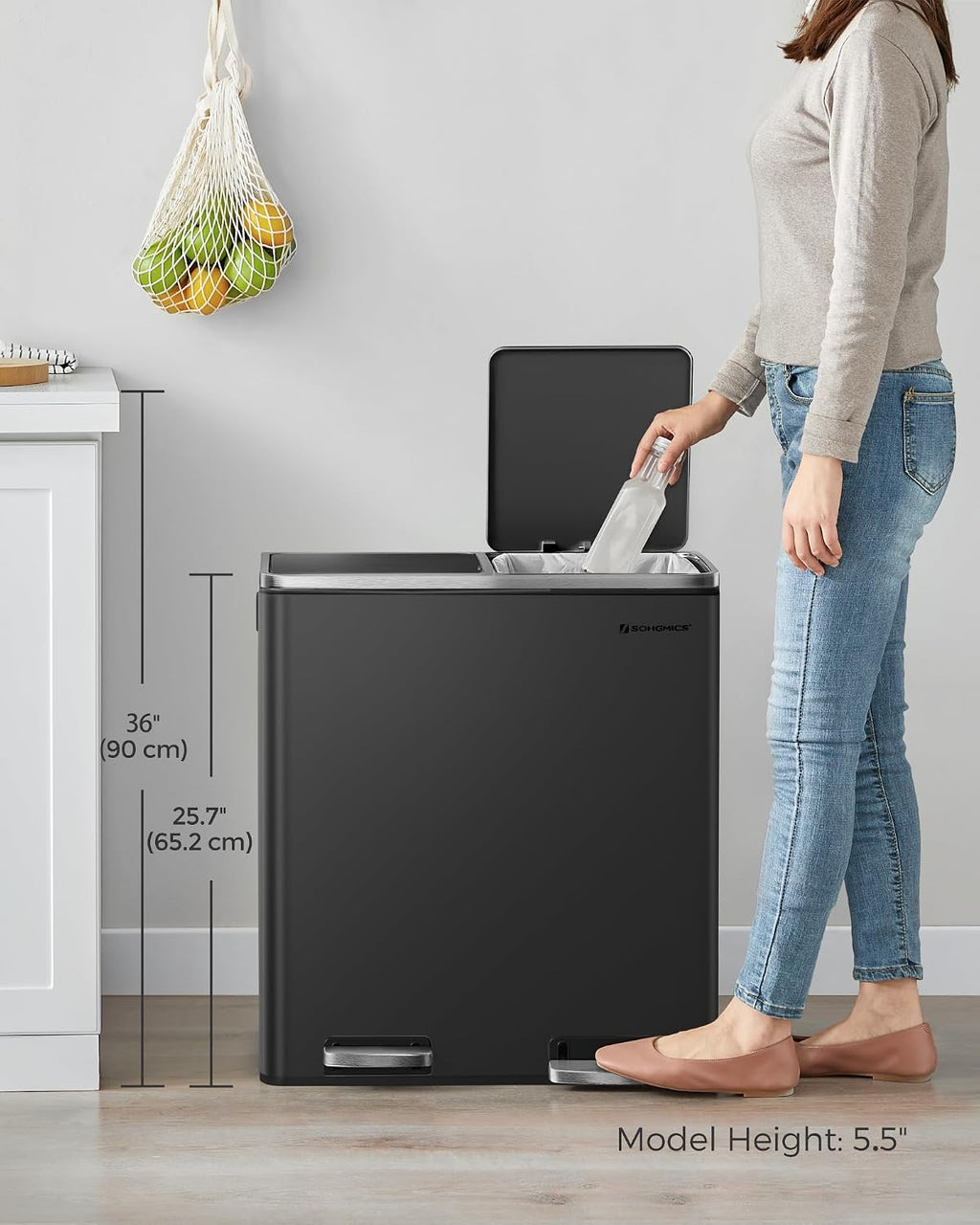 SONGMICS Trash Can, 2 x 8 Gallon (2 x 30 L) Garbage Can for Kitchen, with 15 Trash Bags, 2 Compartments, Plastic Inner Buckets and Hinged Lids, Airtight, Black ULTB60BK