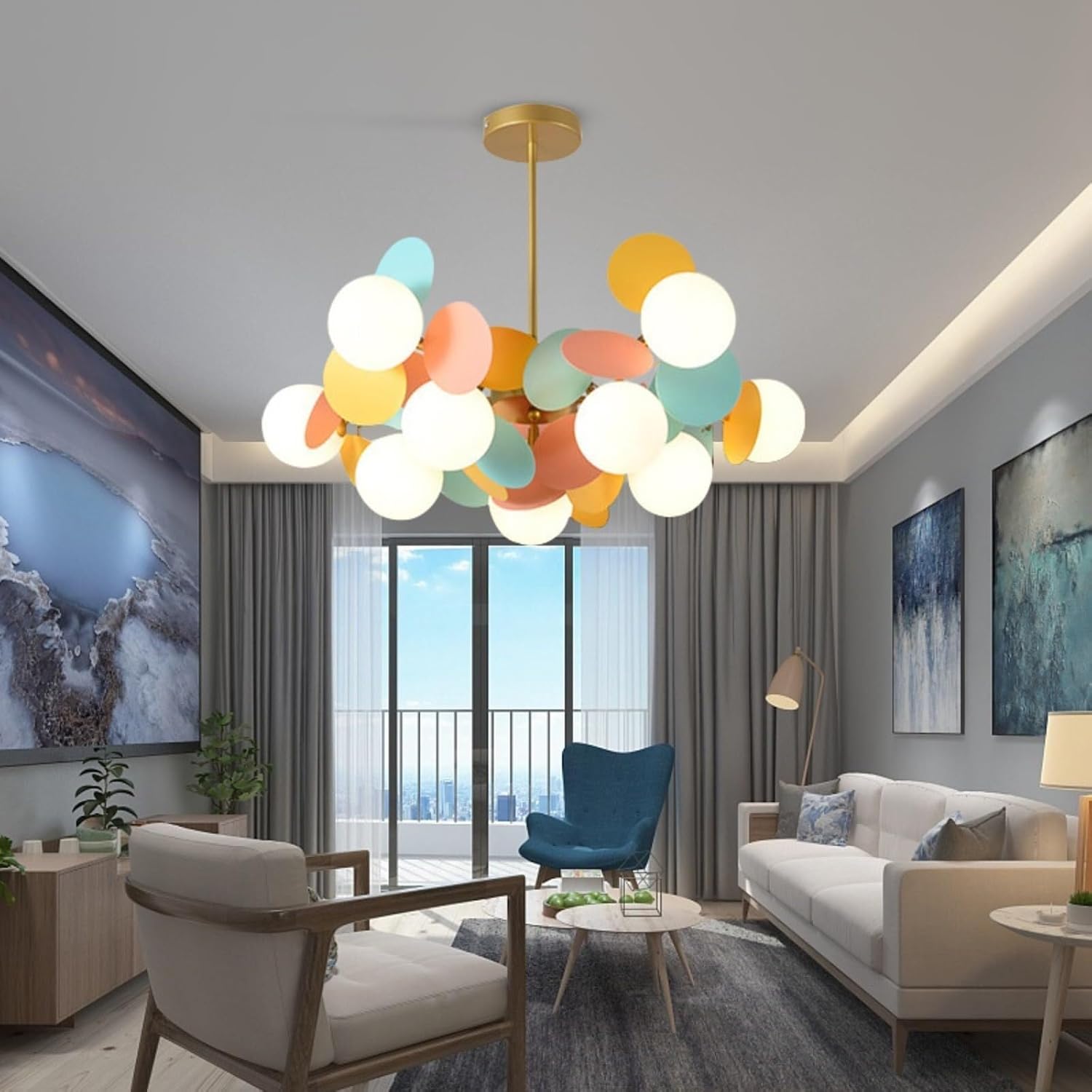 Pendant Lights 8-Lights Chandelier with White Globe Glass Shade Gold Chandelier Adjustable Height Metal Fixture for Living Room(9 Lights)