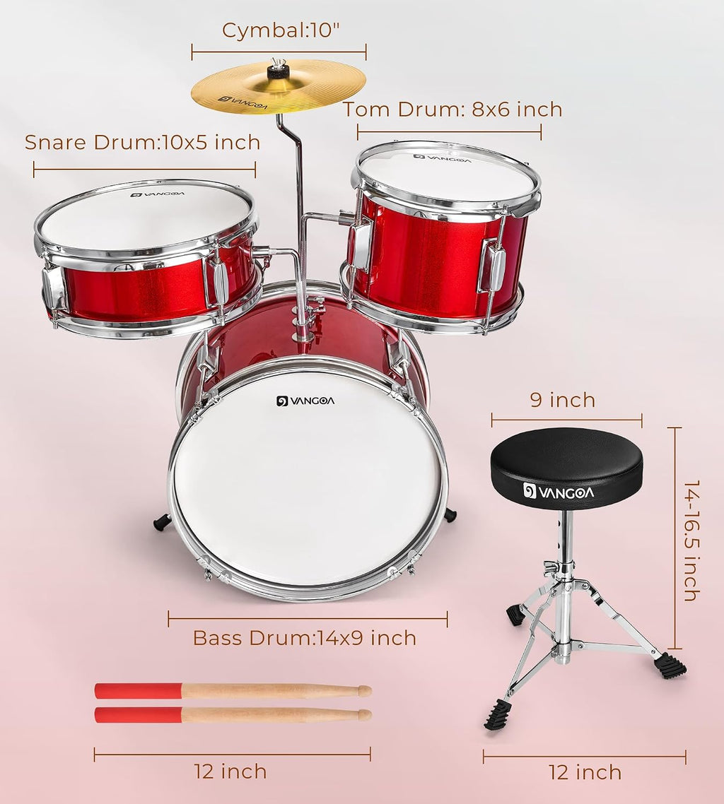 Kids Drum Set Vangoa 3-Piece Beginner, 14' Junior Drums Kit w/Bass Tom Snare drum, Adjustable Throne Cymbal Pedal & Drumsticks, Complete Starter Drumset Full Bundle for Children Boys Ages 3-12