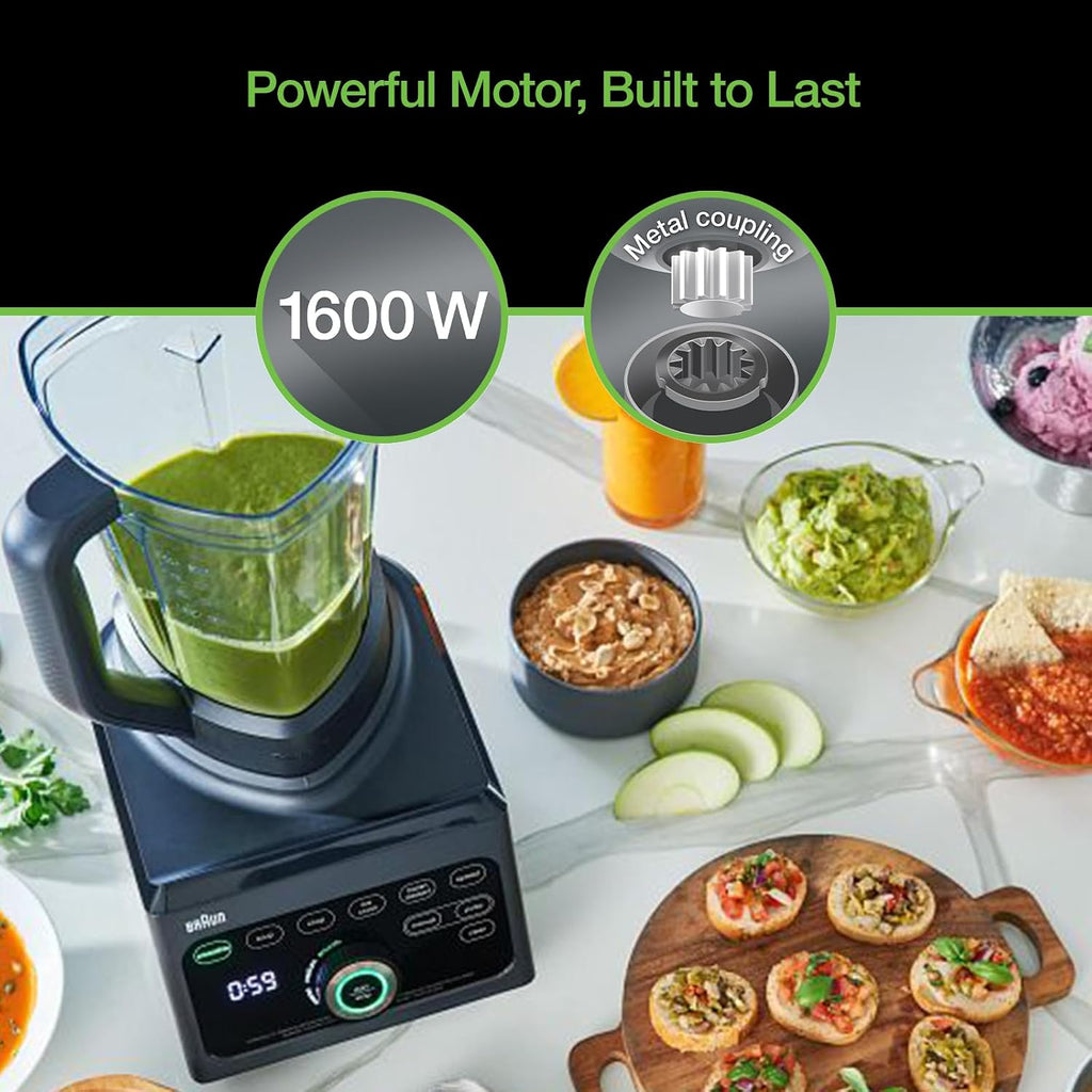 Braun TriForce Power Blender - Powerful 1600 Watt Countertop Blender with 10 Manual Speeds, 3 Texture & 6 Food Settings, Stainless Steel Blades, Auto-Clean, Heated Blending Function for Soups