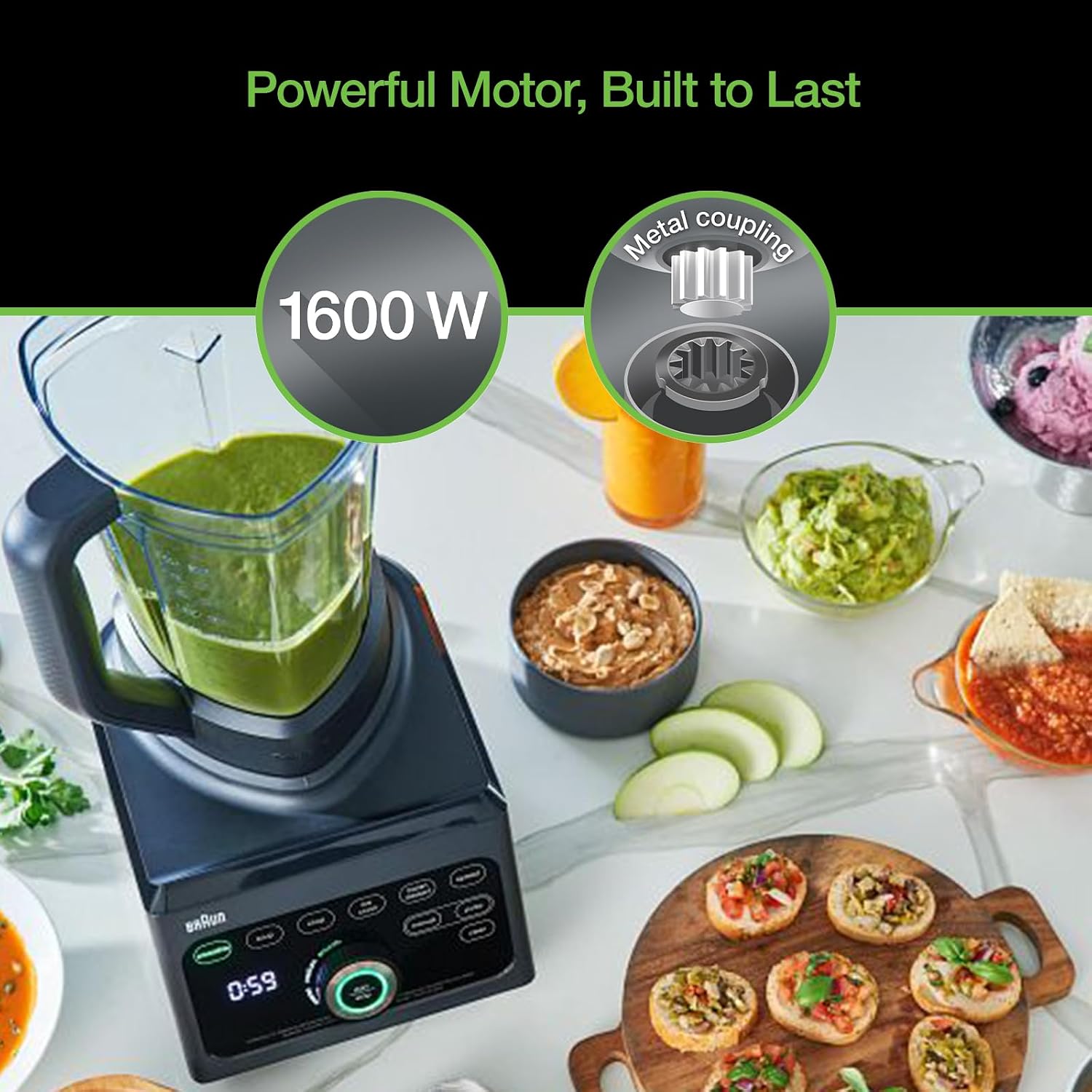 Braun TriForce Power Blender - Powerful 1600 Watt Countertop Blender with 10 Manual Speeds, 3 Texture & 6 Food Settings, Stainless Steel Blades, Auto-Clean, Heated Blending Function for Soups
