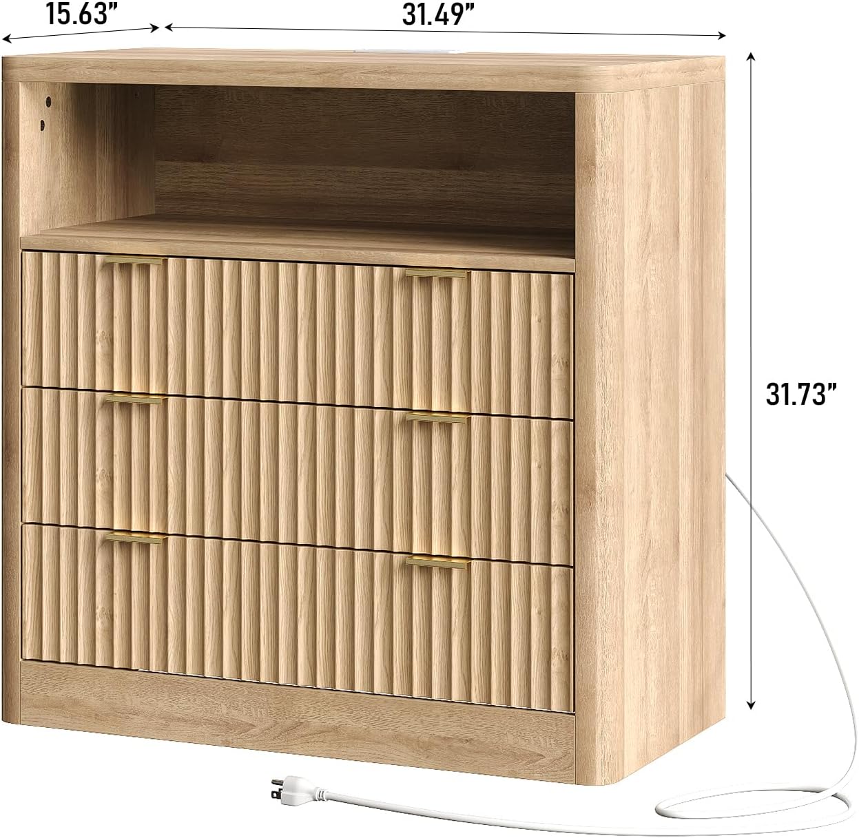 FUSOU Fluted Nightstands Set of 2, Night Stand with Charging Station and LED Lights, Modern Bedside Table with 3 Drawers and Open Shelf, End Table with Storage, Night Stand for Bedroom, Natural Oak
