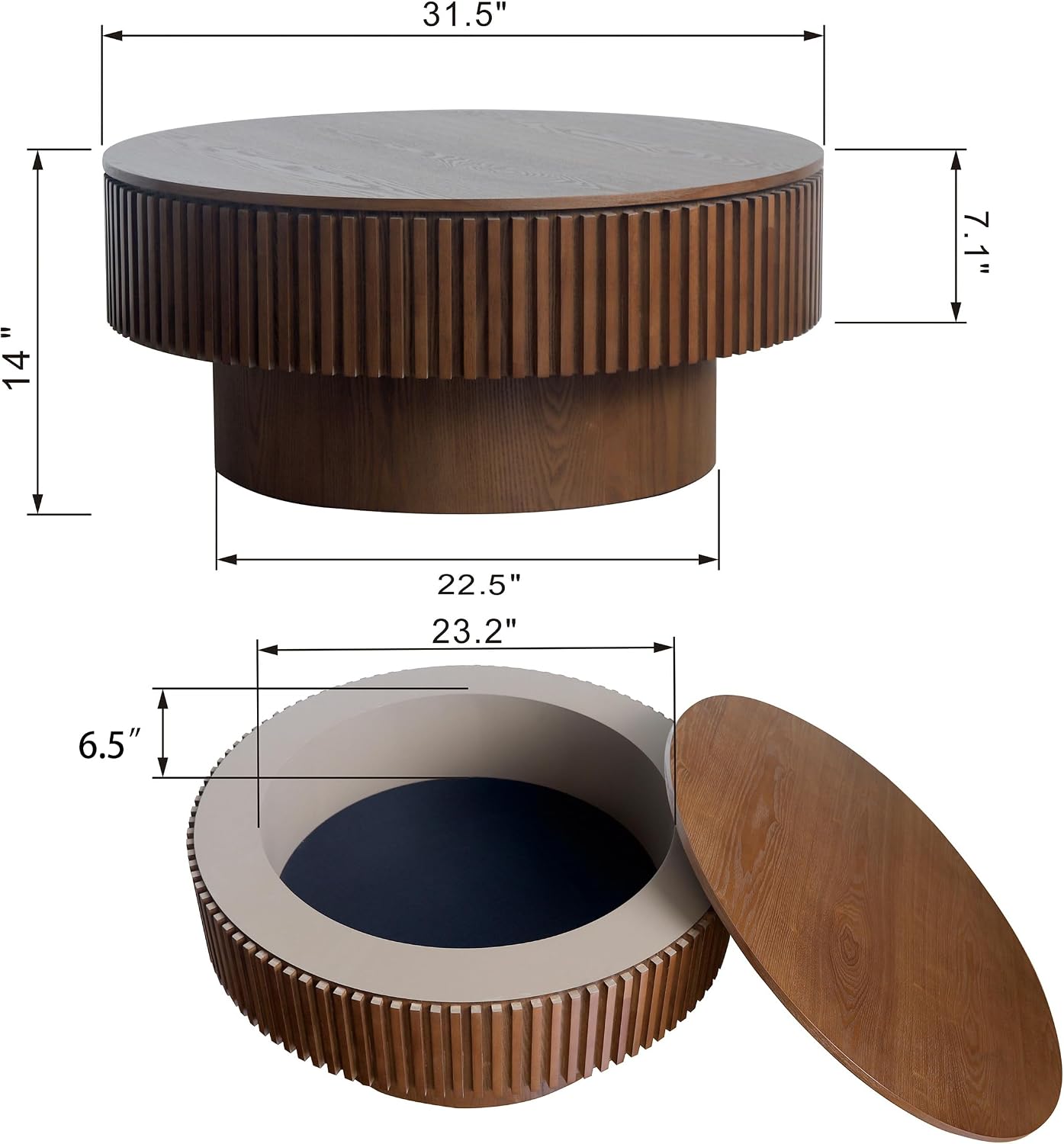 Round Coffee Table with Storage, Modern Handcraft Drum Coffee Table Wood Circle Center Table for Living Room Apartment, 31.49' Walnut
