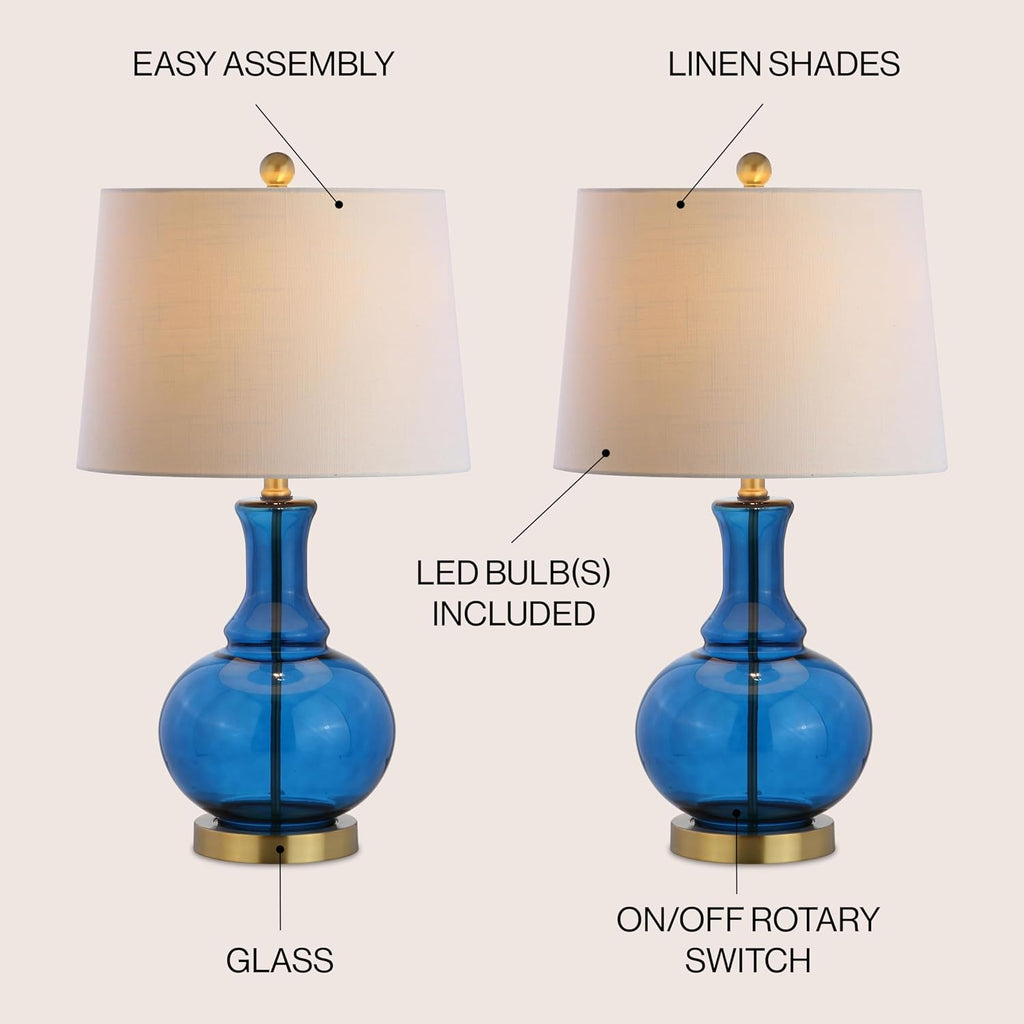 JONATHAN Y 25' Cobalt Blue/Brass Gold and Brass Gold Glass Table Lamp Set of 2 for Bedroom, Modern Bedside Lamp for Living Room Nightstand, White Linen Drum Shade, LED Bulb Included (JYL1068C-SET2)