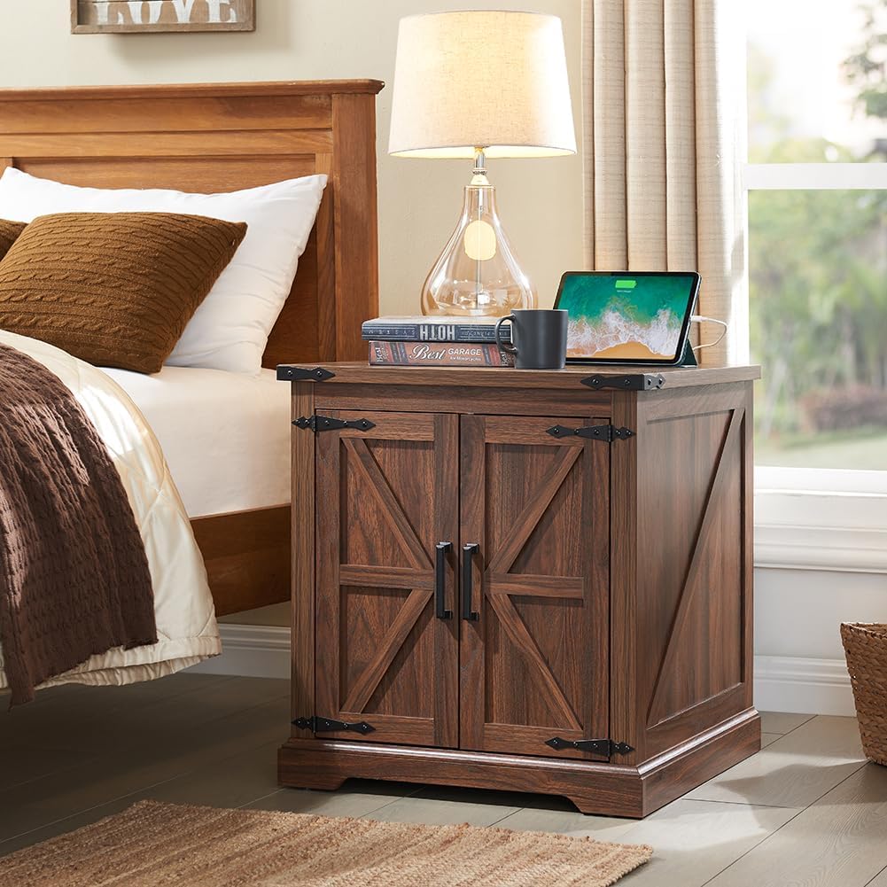Barnyatoh Farmhouse End Table with Charging Station,24' Large Sofa Side Table with Barn Door, Rustic Wood Square Nightstand Bedside Table with Adjustable Storage Shelf for Living Room, Bedroom,Walnut