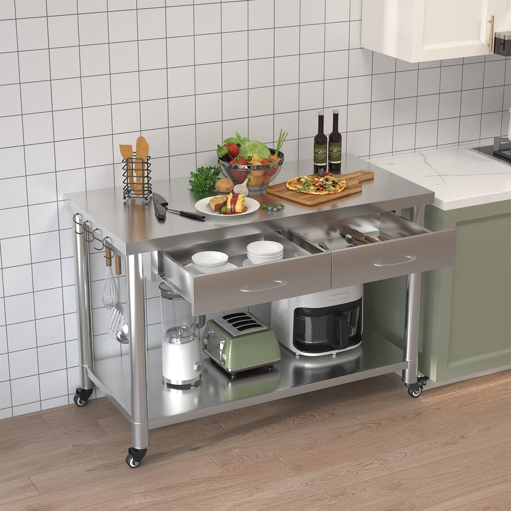 Stainless Steel Work Table with Drawers, 48'x24' Prep Table for Commercial Kitchen, Heavy-Duty Workbench Worktable Rolling Kictchen Island with Wheels for Home Kitchen and Restaurant