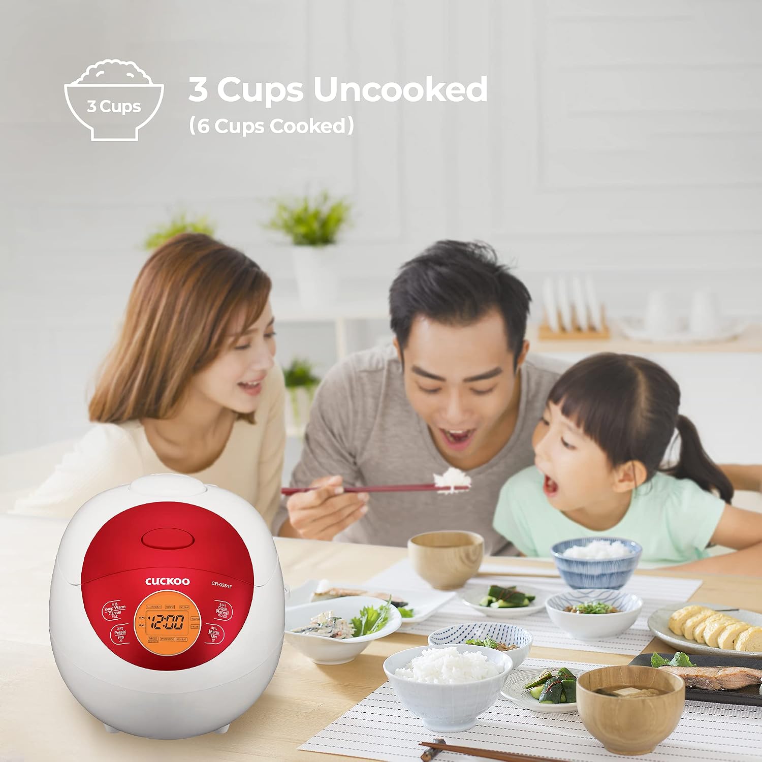 CUCKOO Micom Rice Cooker 3 Cup Uncooked / 6 Cup Cooked, Korean Fuzzy Logic Rice Cooker Small with Delay Timer & Keep Warm Setting, Versatile Food Steamer with Non-Stick Inner Pot, Red (CR-0351F)