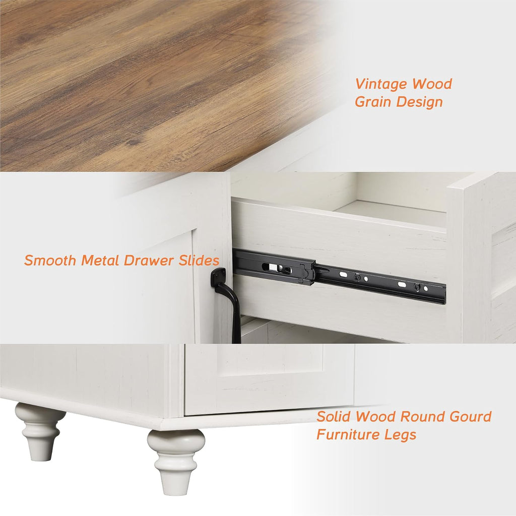 WAMPAT White Coffee Table with Drawers & Storage Cabinet, Modern Rectangle Center Table for Living Room, Rustic Wooden Cocktail Table Tea Table for Home, Office