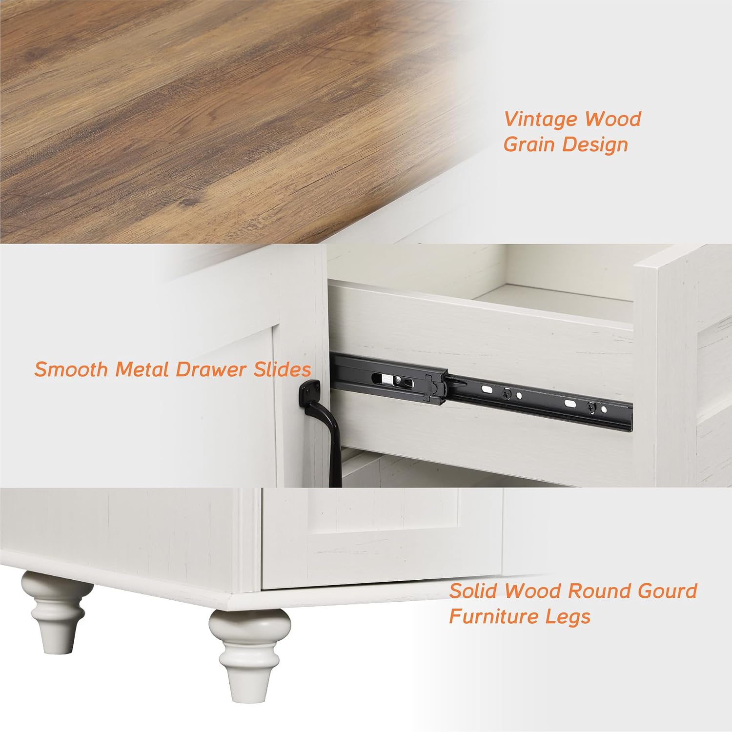WAMPAT White Coffee Table with Drawers & Storage Cabinet, Modern Rectangle Center Table for Living Room, Rustic Wooden Cocktail Table Tea Table for Home, Office