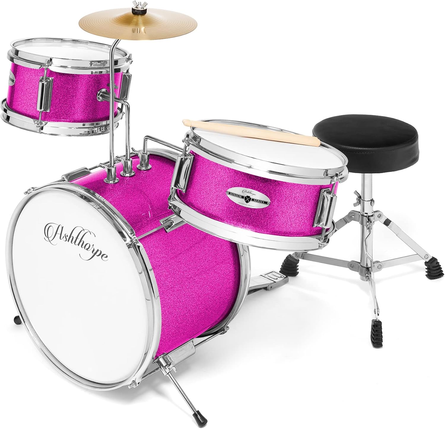 Ashthorpe 3-Piece Complete Drum Set - Beginner Kit with 14' Bass, Adjustable Throne, Cymbal, Pedal & Drumsticks - Pink