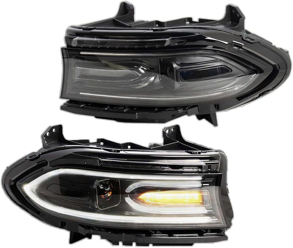 TRQ 2 Piece Headlight Assembly Set Performance Projection Style LED Turn Signals LED Daytime Running Light Black Bezel Driver & Passenger Side Compatible with Dodge Charger 2015-2021