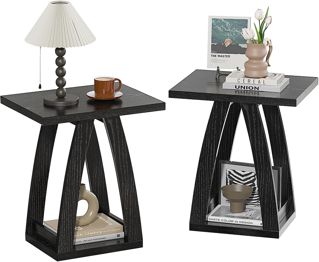 FROMJBEST End Tables Living Room, Side Table Beside Sofa, Nightstand for Bedroom, Couch Side Table with Shelf, Modern End Table for Living Room, Black End Table Set of 2
