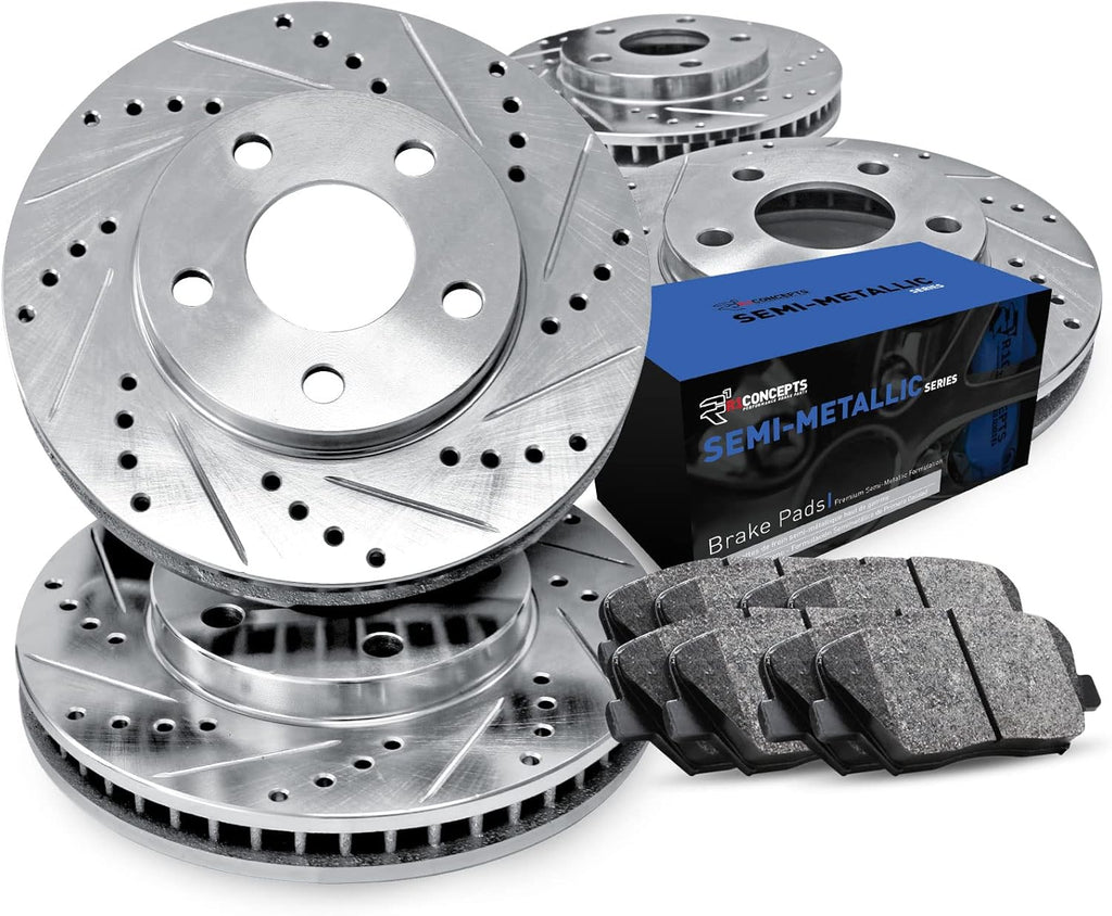 R1 Concepts Front and Rear Brake Kit Fits 2008-2012 INFINITI EX35; 2013 INFINITI EX37; 2011-2012 INFINITI G25; 2005-2008 INFINITI G35| Drilled Slotted Brake Rotors| Semi Met Brake Pads and Rotors Kit
