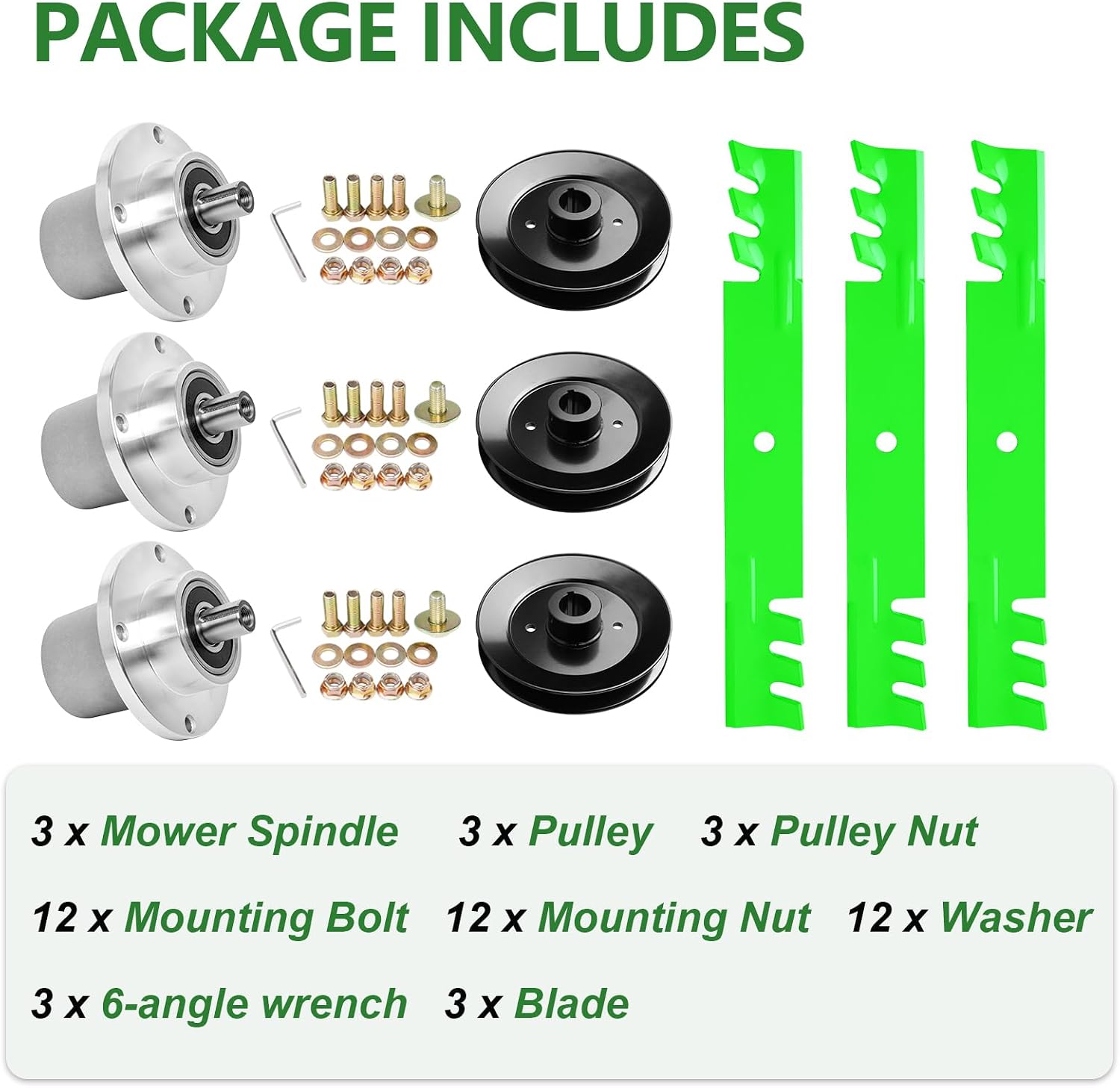 54 inch Mower Deck Rebuild Kit for Bad Boy MZ Magnum Include 3 Spindle 037-2000-00 037-2050-00, 3 Blade 038-0003-00, 3 Pulley 033-4890-00
