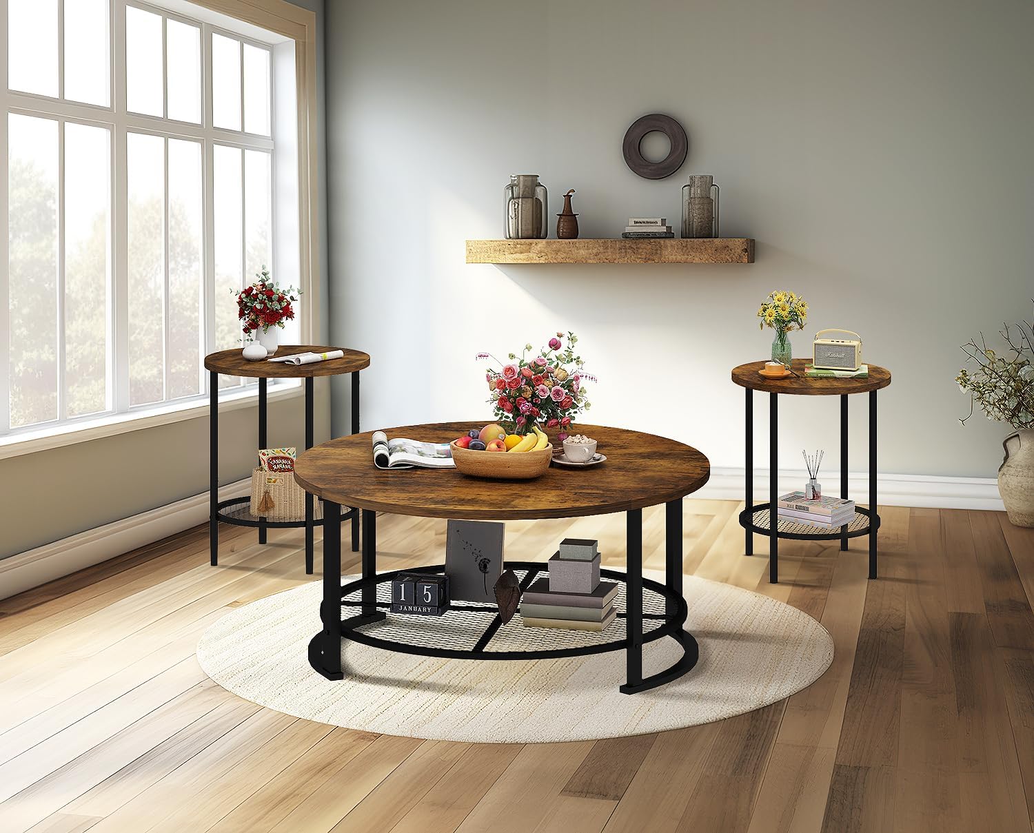 Recaceik Round Coffee Table and End Table Set of 3 with Storage, Modern Vintage Dark Brown Coffee Table and Side Table for Living Room, Office, Apartment, Small Space