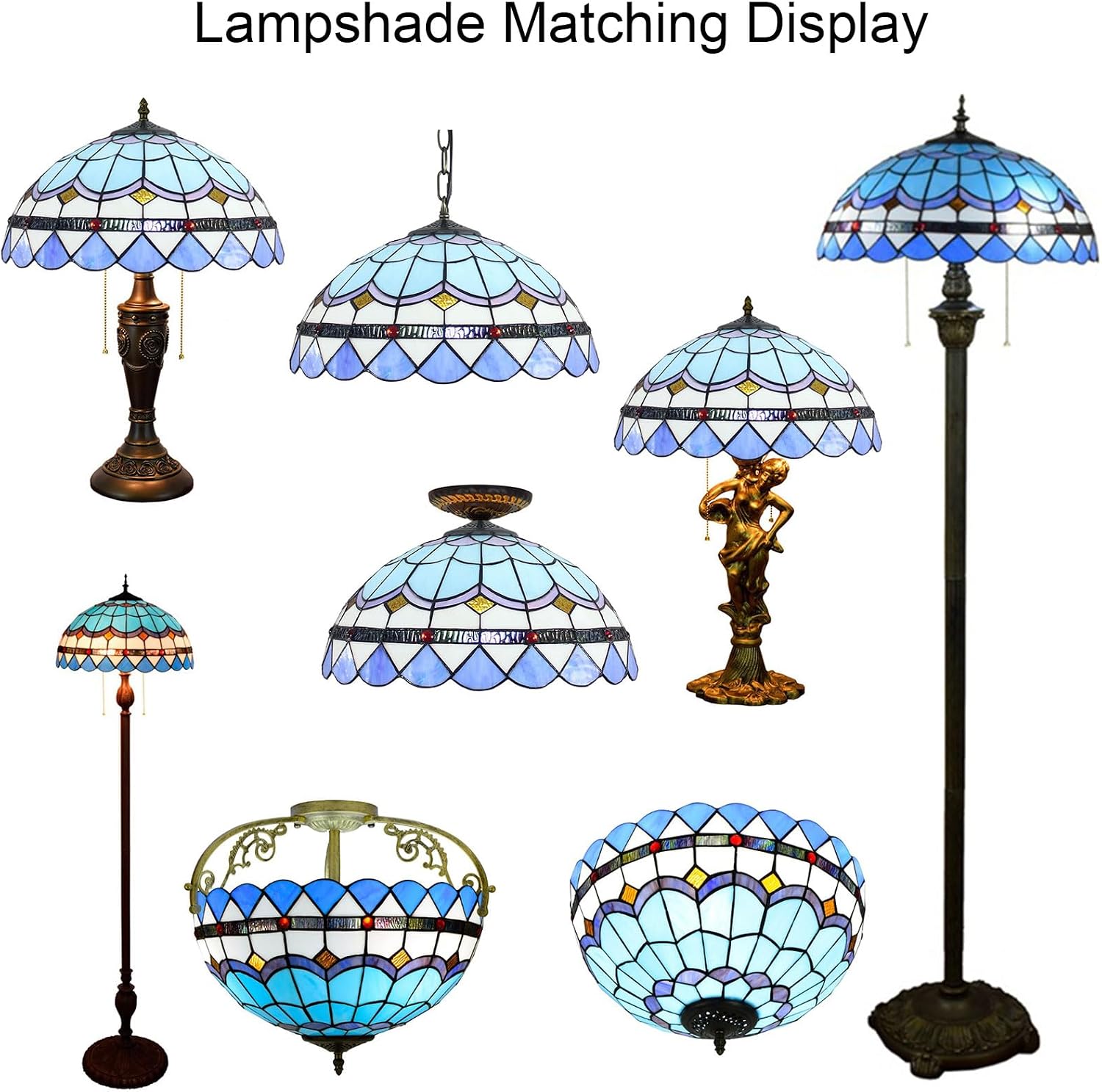 Tiffany Lamp Shade 16 Inch Wide Accessories Replacement Only Blue Mediterranean Stained Glass Lampshades Vintage Feather Light Cover for Table Lamp Floor Lamp Pendant Light Ceiling Fixture