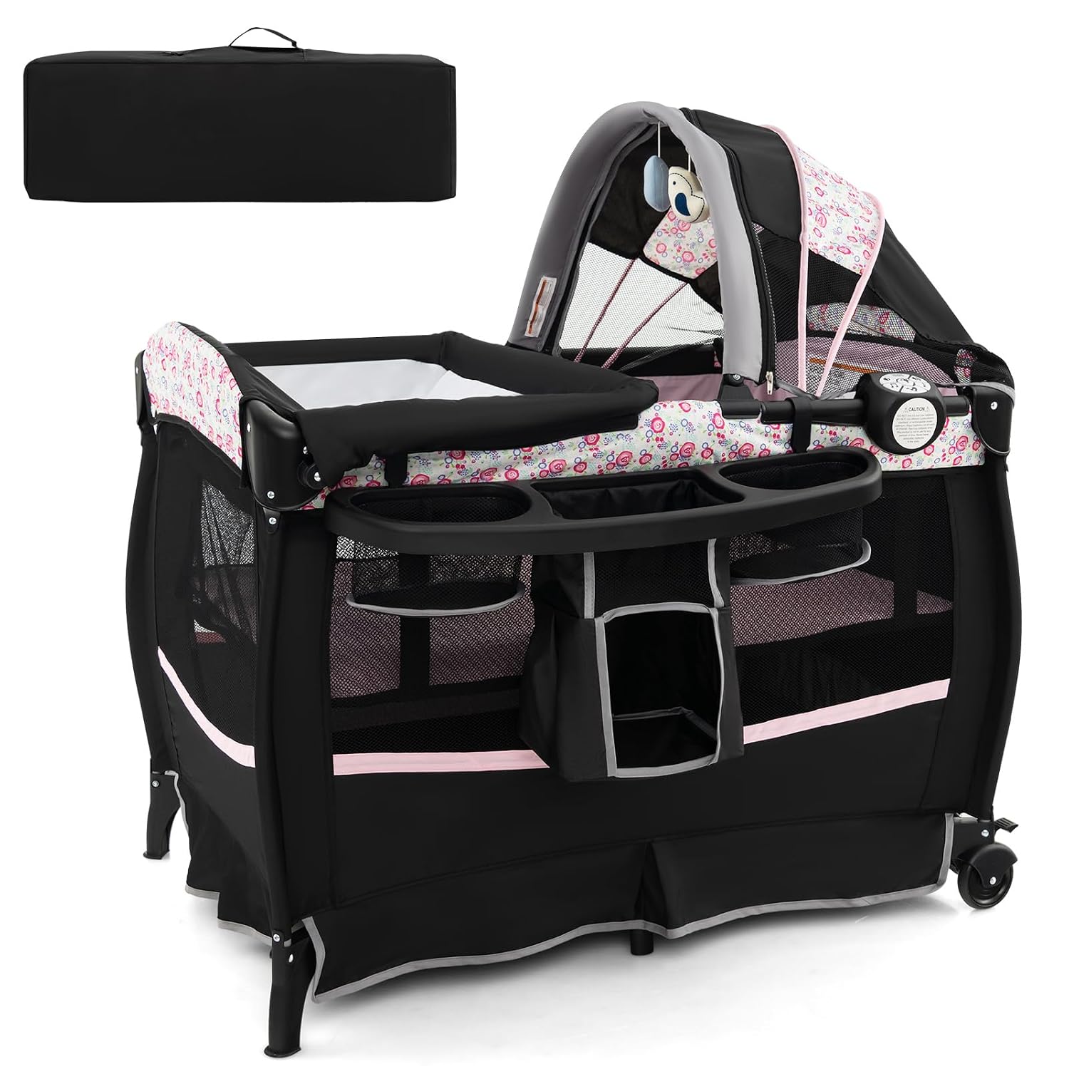 HONEY JOY Pack and Play, 4 in 1 Portable Baby Crib Playpen w/Bassinet, Changing Table, Canopy, Mattress, Music Box, Storage Bag, Foldable Pack and Play for Infant Boys Girls