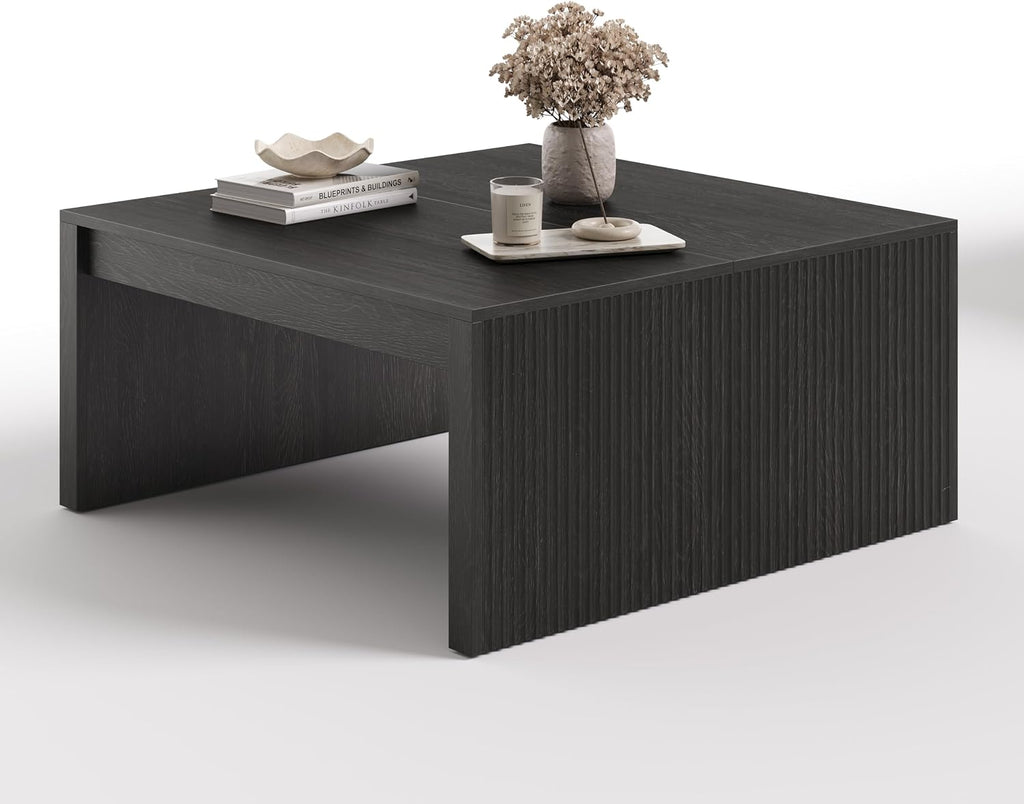 LITTLE TREE Square Coffee Table, 39.4-Inch Fluted Coffee Tables, Mid-Century Modern Center Cocktail Table for Living Room Bedroom, Easy Assembly, Black