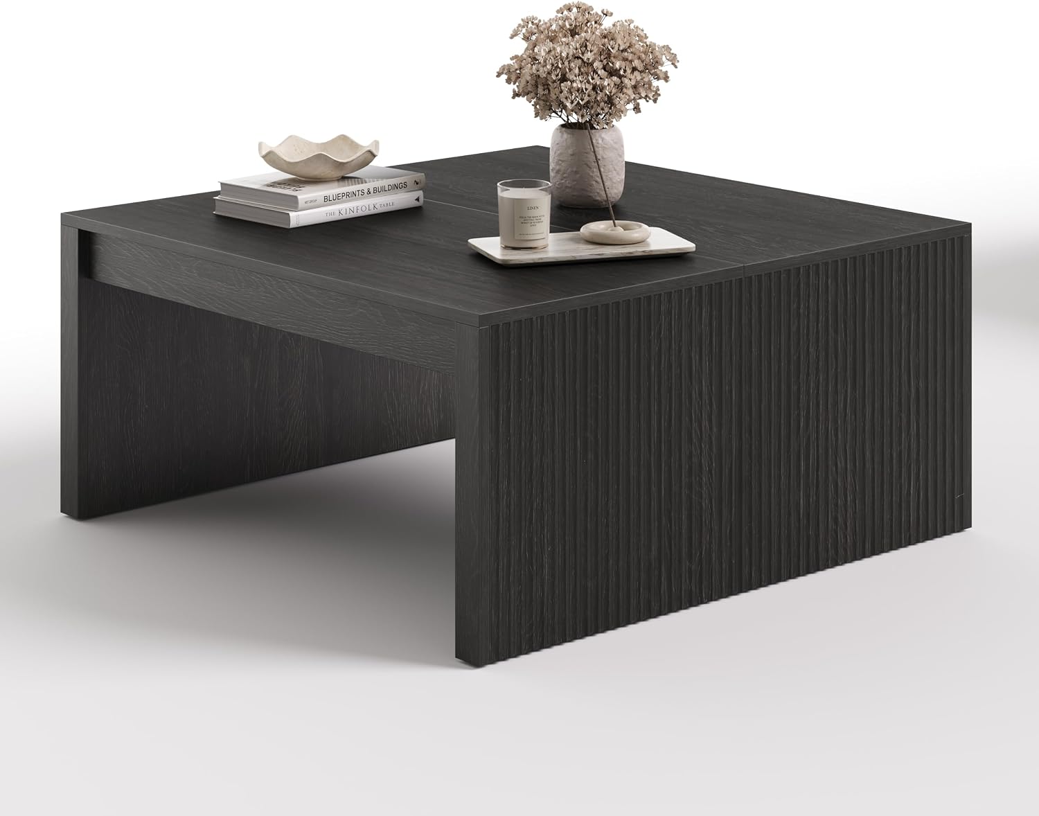 LITTLE TREE Square Coffee Table, 39.4-Inch Fluted Coffee Tables, Mid-Century Modern Center Cocktail Table for Living Room Bedroom, Easy Assembly, Black