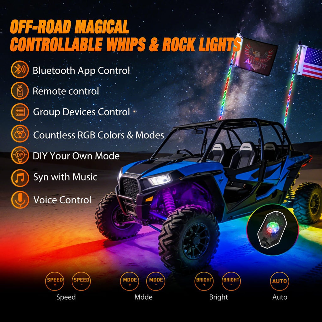 Nilight 2PCS 3FT RGB LED Whip Light with Spring Base and 6 PCS Rock Lights Combo, Remote App Control w/DIY Chasing Patterns Turn Signal Brake Reverse Antenna Lighted Whips for ATV UTV Polaris RZR Jeep