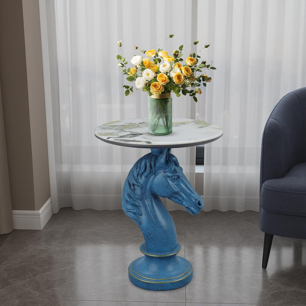 Sculptural Horse Head Side Table, Artistic End Table with Faux Marble Top, Modern Accent Table for Living Room, Unique Home Decor Gift for Housewarming, 19.69' W x 24.8' H