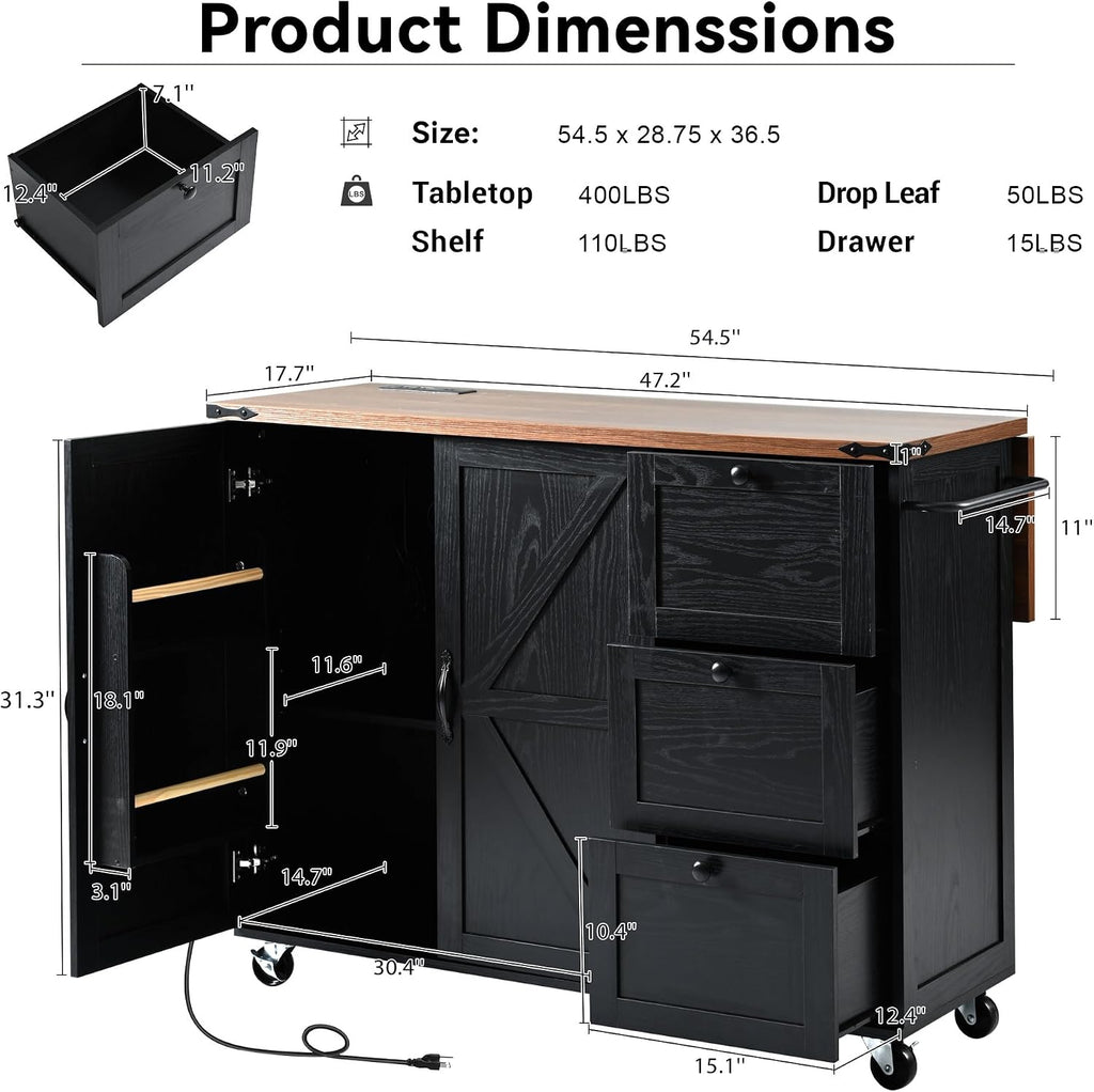 54.5' Farmhouse Mobile Kitchen Island with Power Outlet, Drop Leaf, Spice Rack and Drawer - Rolling Kitchen Cart with Ample Storage, Rustic Storage Islands for Home and Dining Room