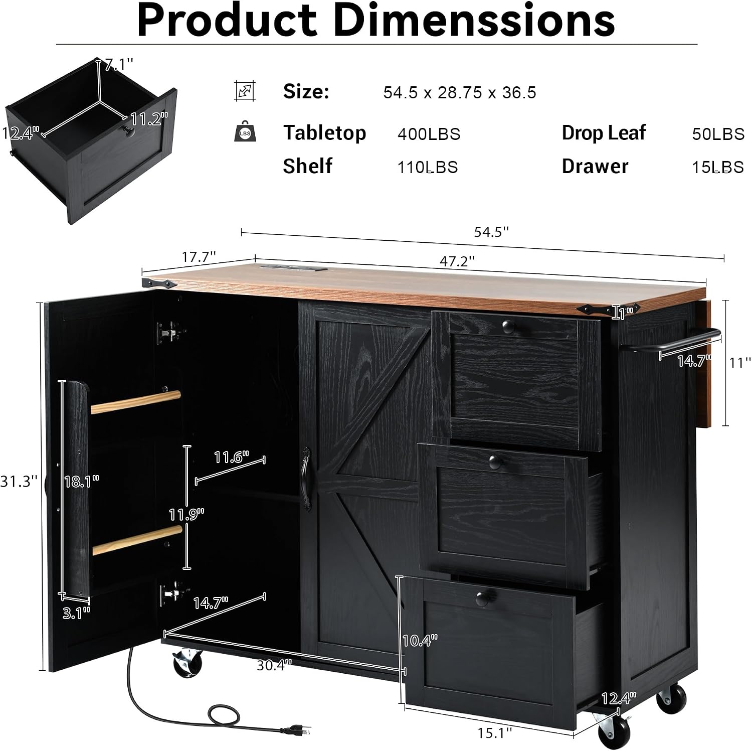 54.5' Farmhouse Mobile Kitchen Island with Power Outlet, Drop Leaf, Spice Rack and Drawer - Rolling Kitchen Cart with Ample Storage, Rustic Storage Islands for Home and Dining Room