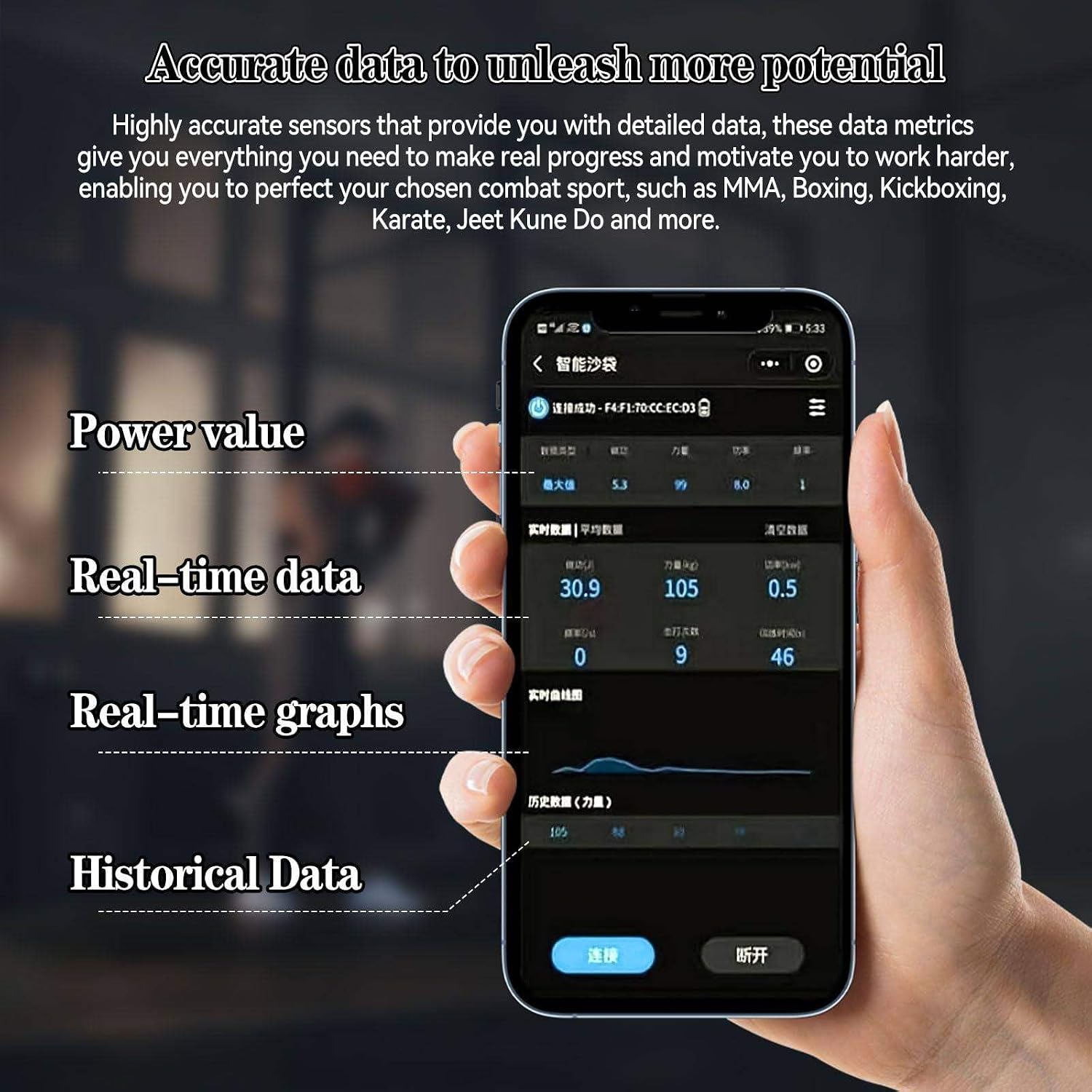 Real-Time Punch Power Tracker with 200H Runtime | Smart Boxing Sensor with App | Voice Feedback & Data Charts for Heavy Punching Bags, Boxing & Kickboxing Black