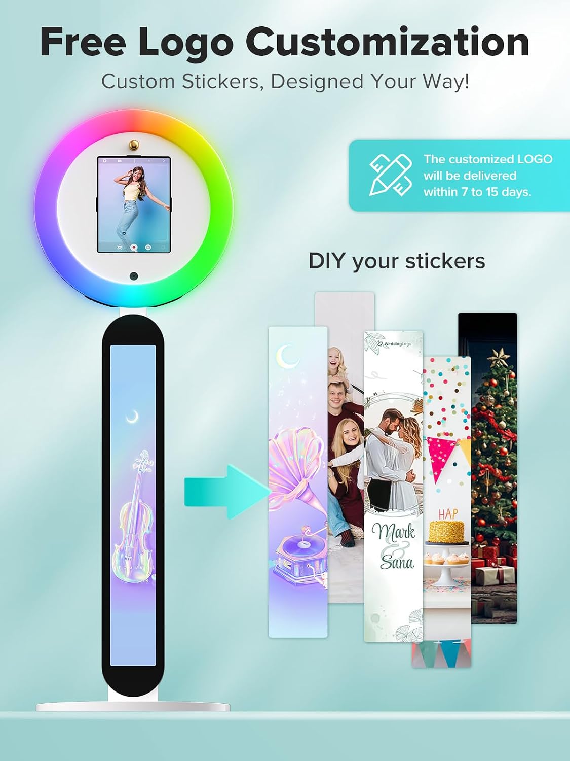 CyraTok iPad Photo Booth Stand, 22' RGB Light, Open Air Booth for Events | Music Sync Ring, APP AI Face Detection, External Printer Support, Fits 7.9'-13' Tablets, Flight Case