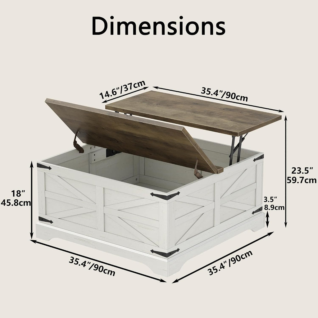 Furnideco 35.5''W Square Coffee Table Farmhouse Lift top Coffee Table with Large Hidden Storage, Wood Center Table for Living Room, Home Office, Brown Top