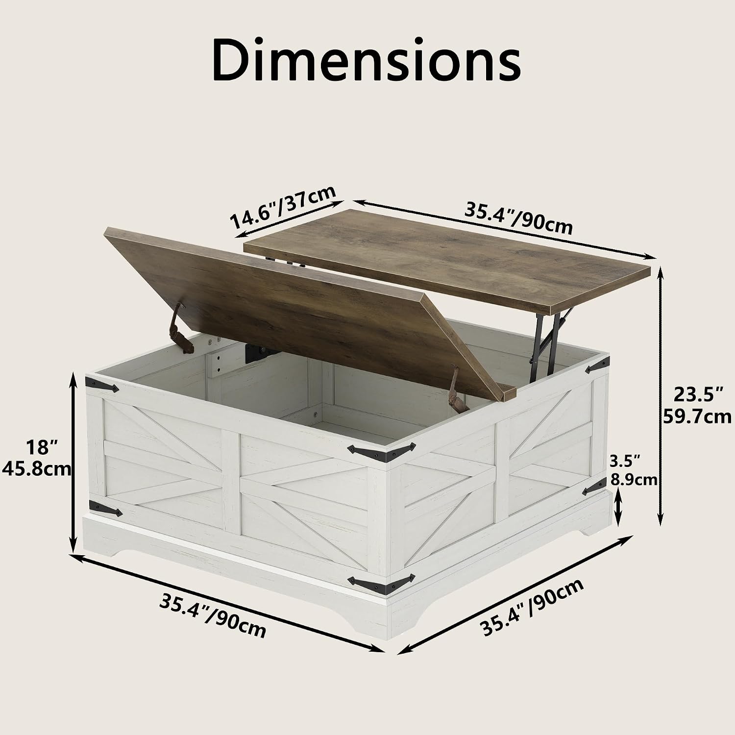 Furnideco 35.5''W Square Coffee Table Farmhouse Lift top Coffee Table with Large Hidden Storage, Wood Center Table for Living Room, Home Office, Brown Top