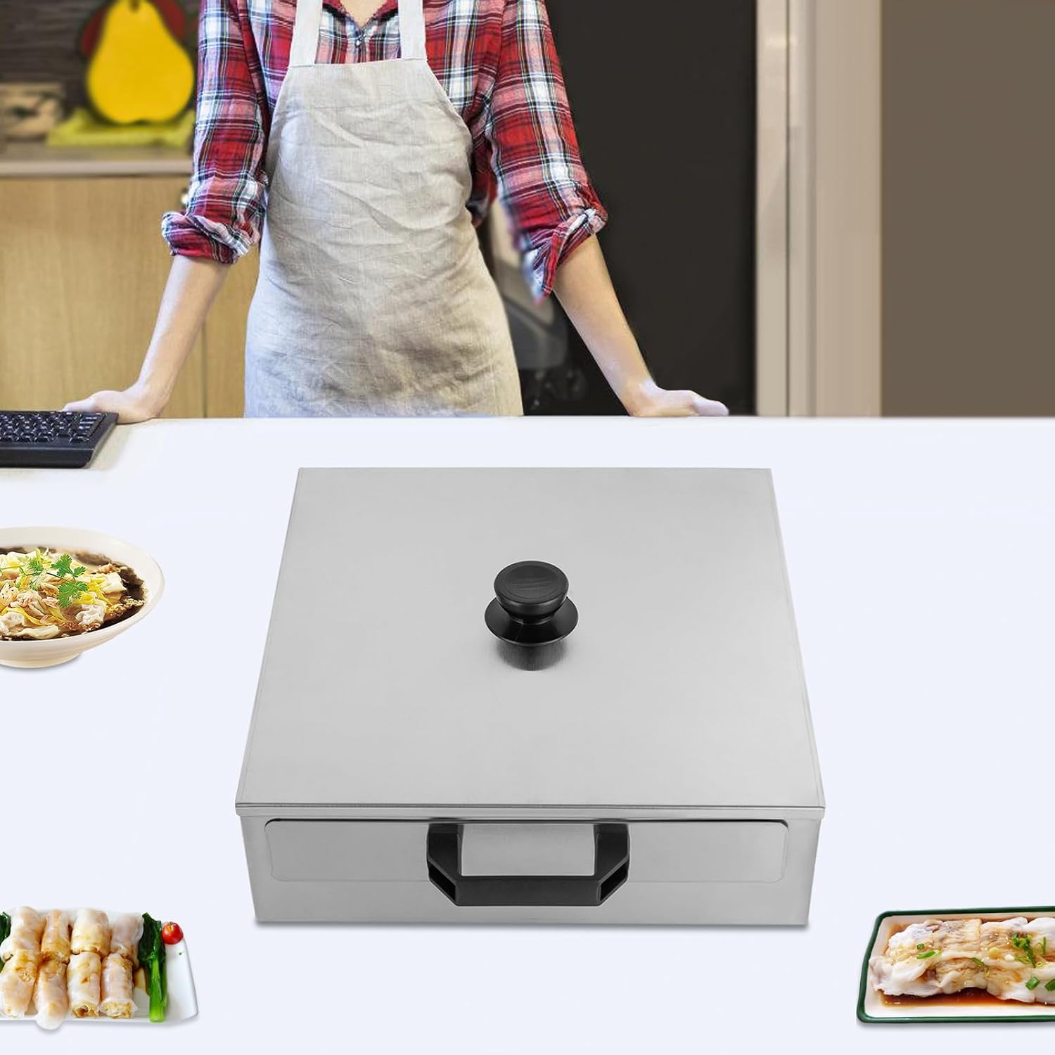 Stainless Steel Rice Noodle Roll Steamer for Hong Kong Cantonese Cuisine, 2 Trays, 12.6'x12.2'x3.74', Perfect for Asian Cooking, Durable and Easy to Clean
