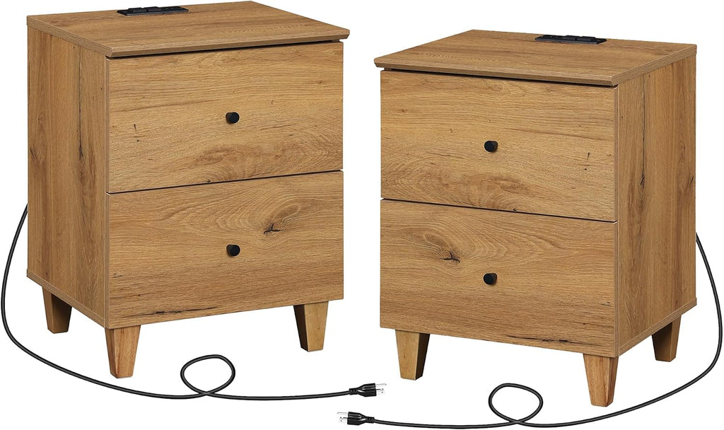WAMPAT Nightstands with Charging Station & 2 Drawers, Set of 2 Modern Mid-Century End Tables Wooden Bedside Table for Living Room, Bedroom Storage, Oak Brown