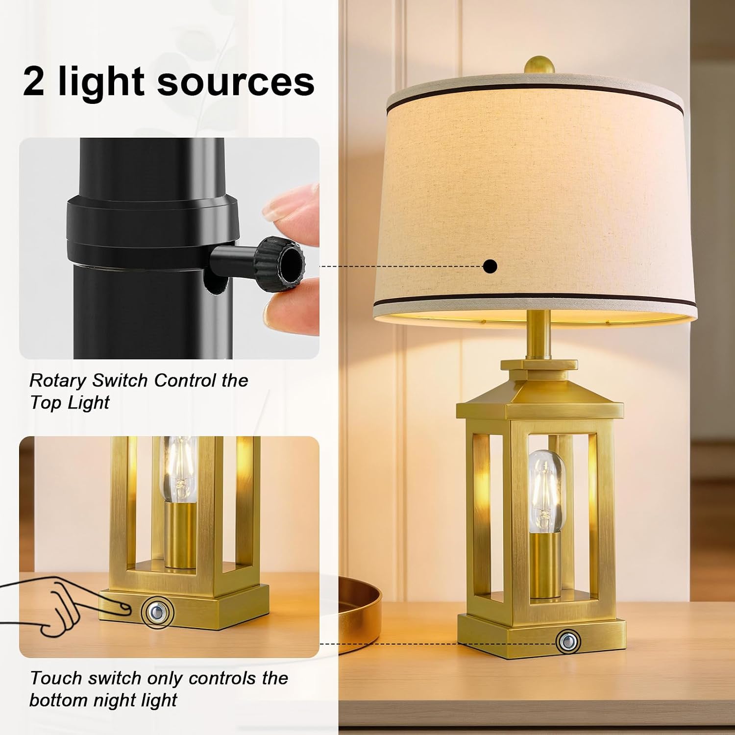 G-SAFAVA 24' Table Lamps for Living Room Bedroom Modern Gold Bedside Lamps Set of 2 Nightstand Lamps for Night Stands 3 Way Dimmable Touch Lamp with USB C+A Ports and 2 Light Sources, 4 Bulbs Includes