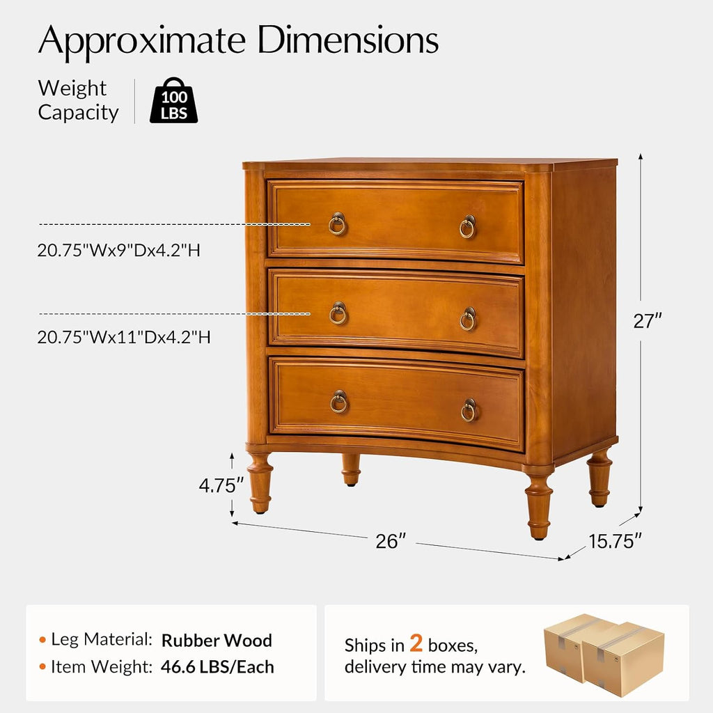 HULALA HOME 3 Drawer End Tables Set of 2 with Charging Station, 26' Wide Endtables with Solid Wood Legs and Curved Profile, Classic Side Tables for Living Room, Acorn